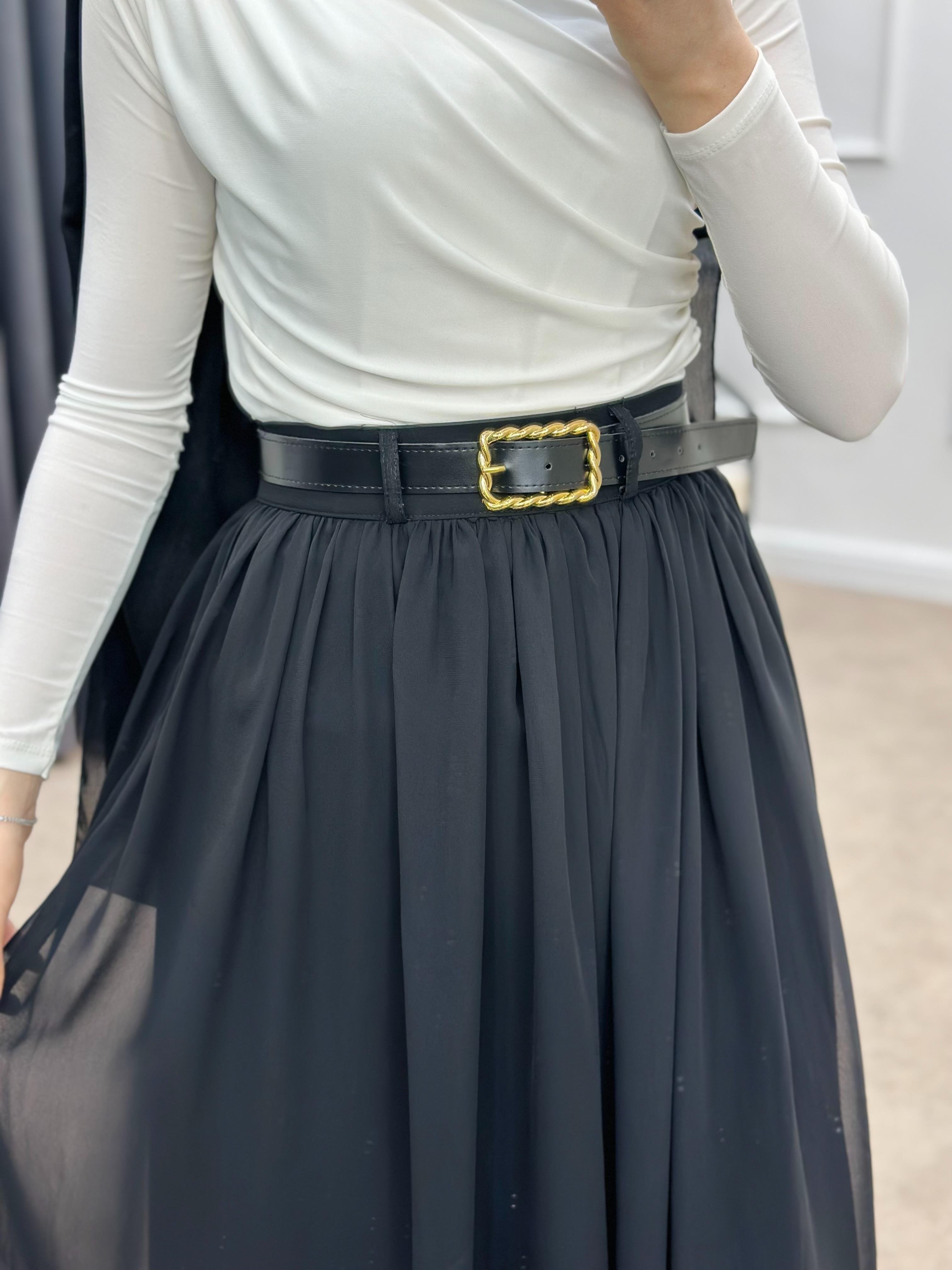 KEMERLİ ŞİFON ETEK SİYAH