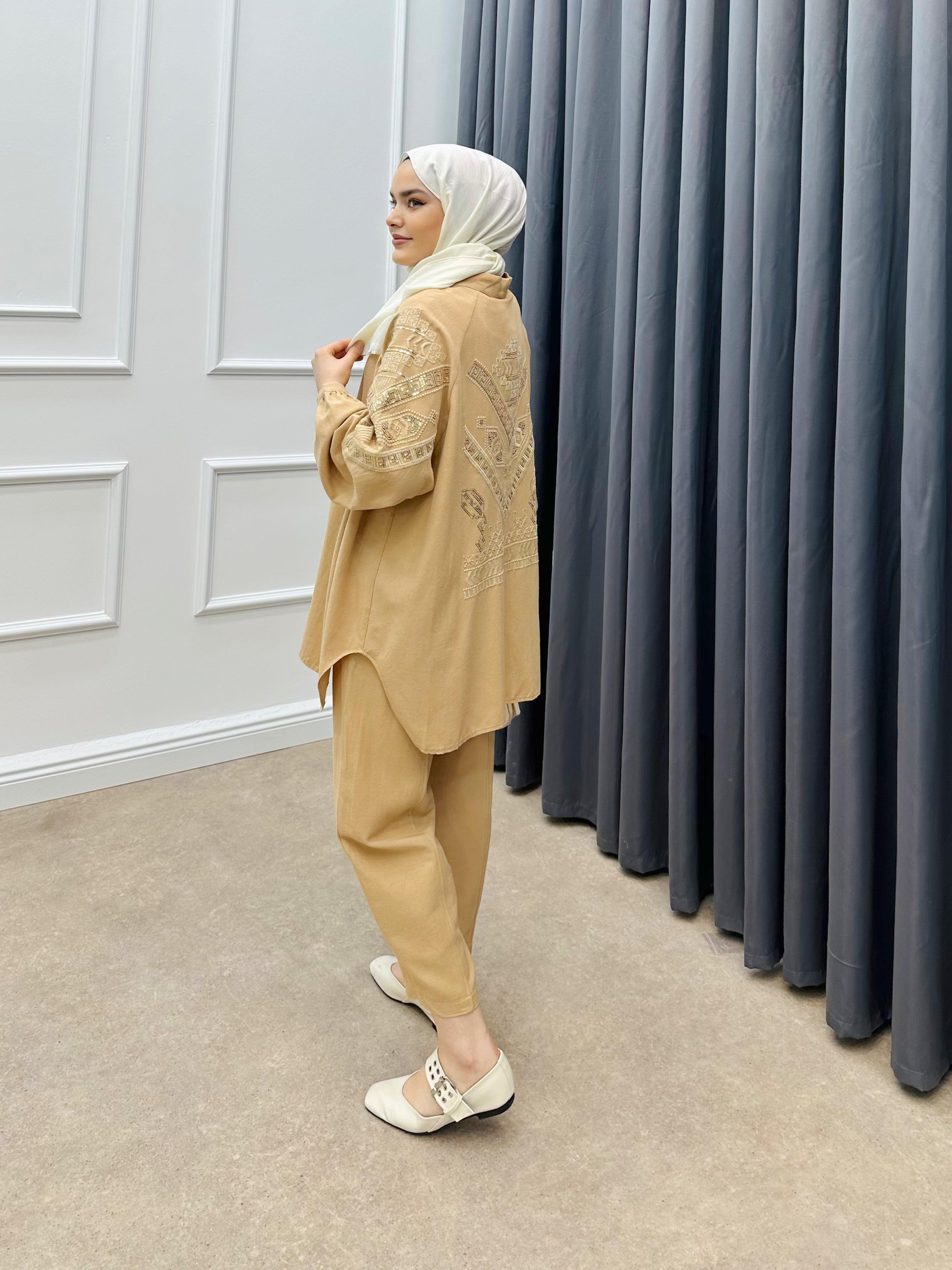 KETEN PANTOLONLU TAKIM SÜTLÜ KAHVE