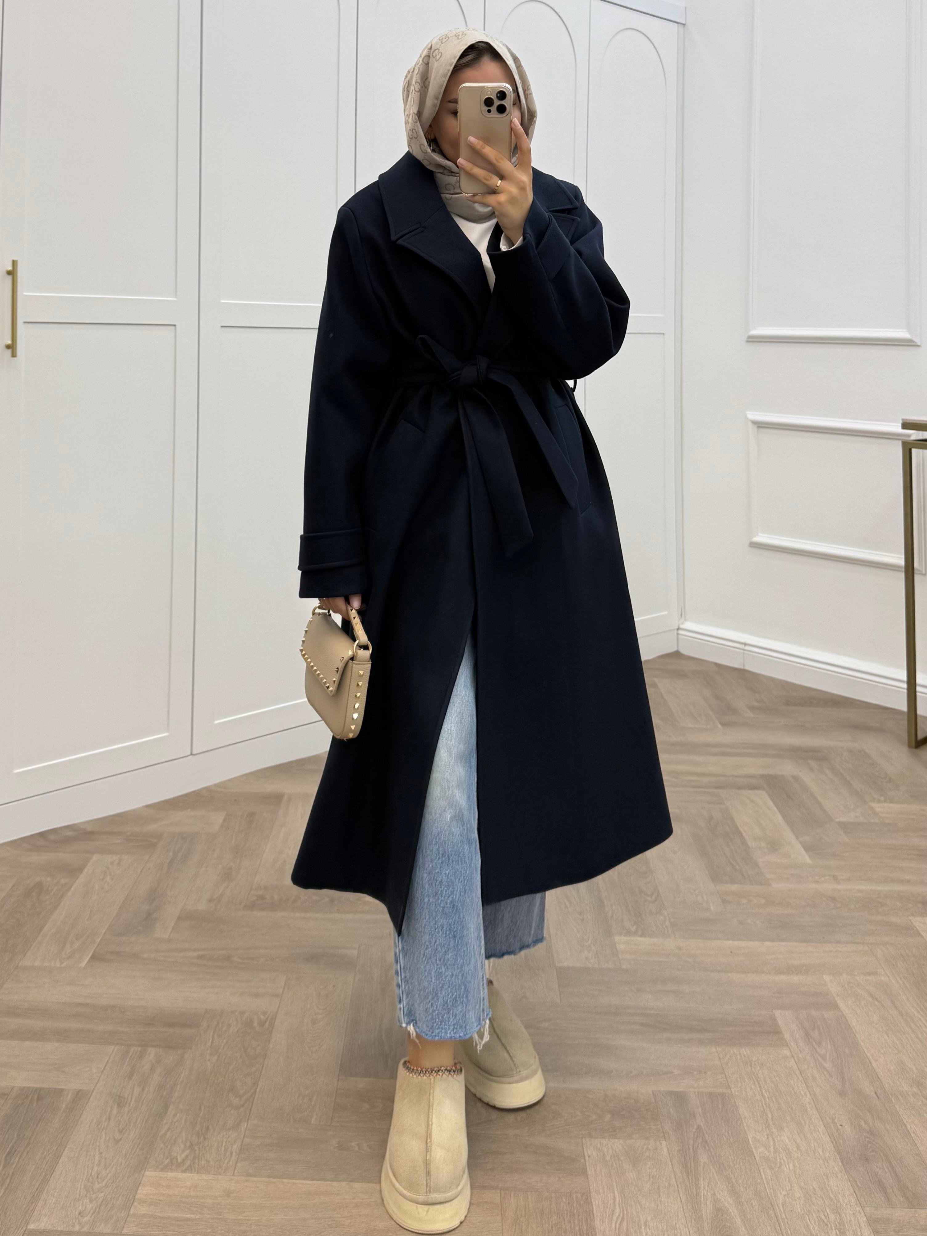 KOL APOLET DETAYLI KAŞE KABAN  LACİVERT