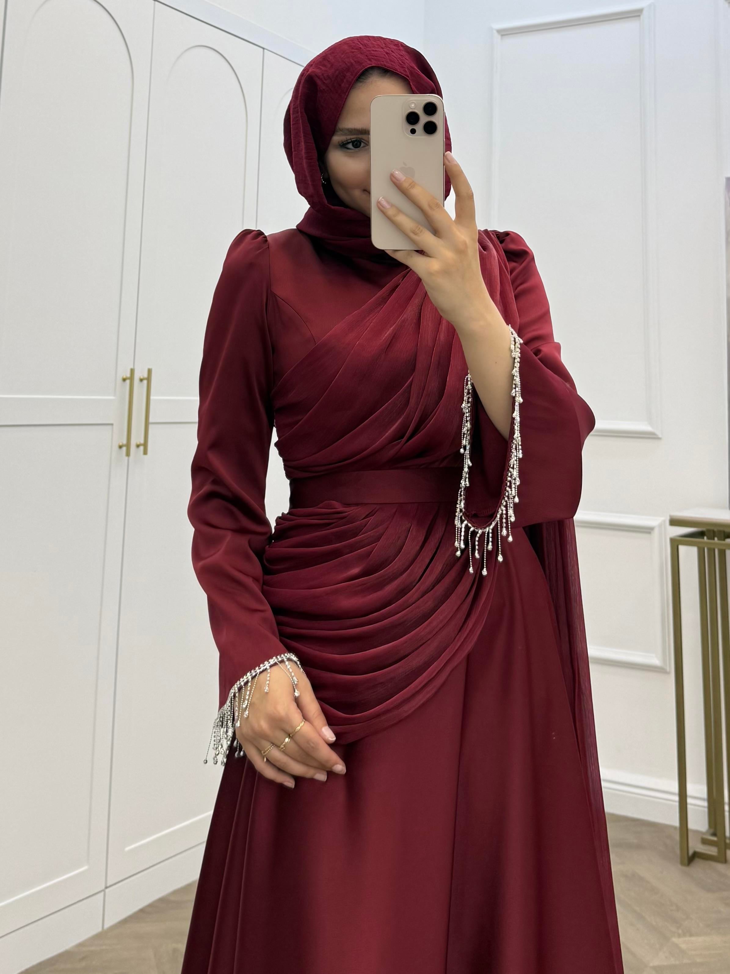 KOL UCU TAŞ DETAYLI SATEN ABİYE  BORDO