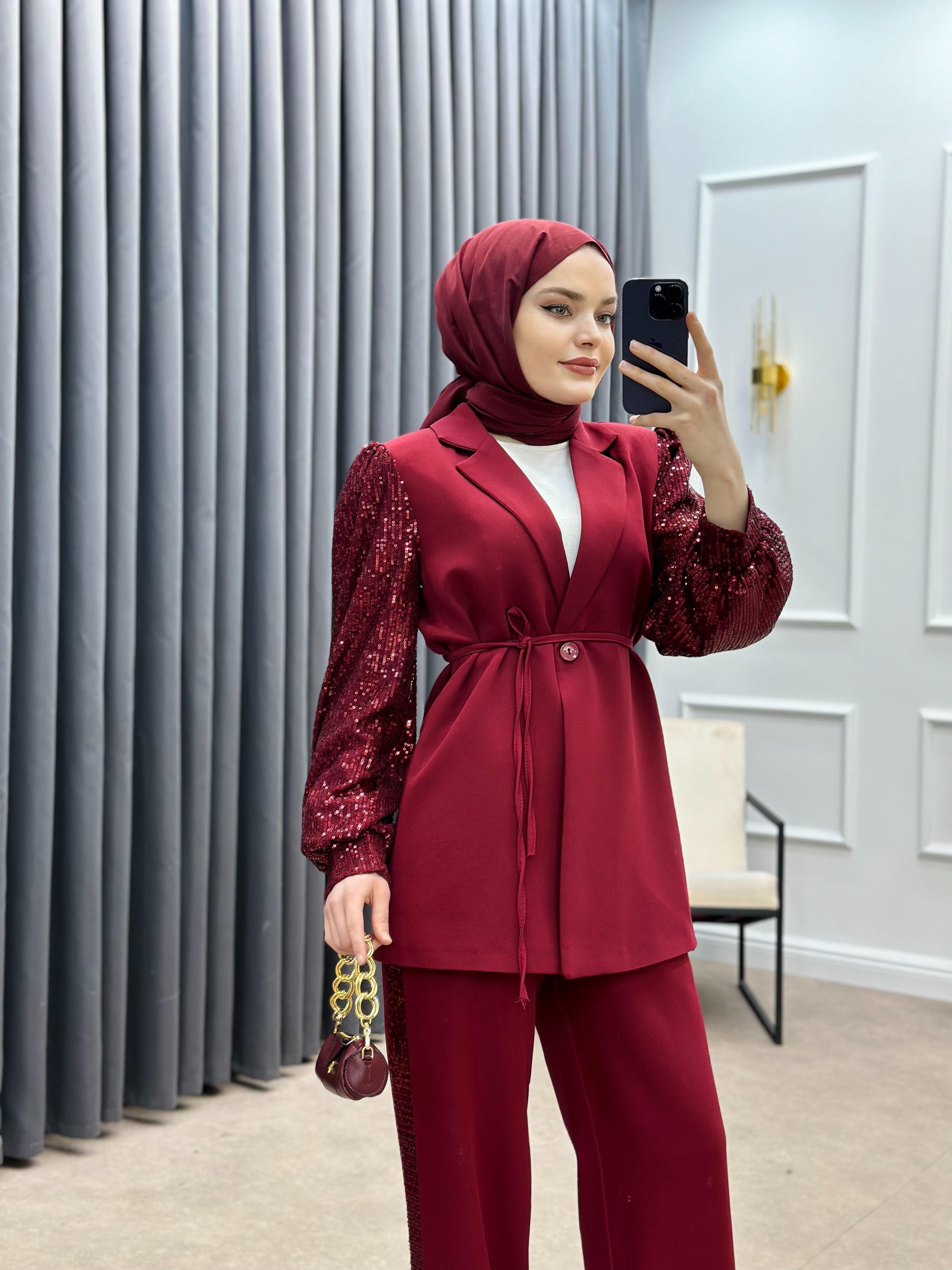 KOLLARI PAYETLİ CEKETLİ TAKIM BORDO