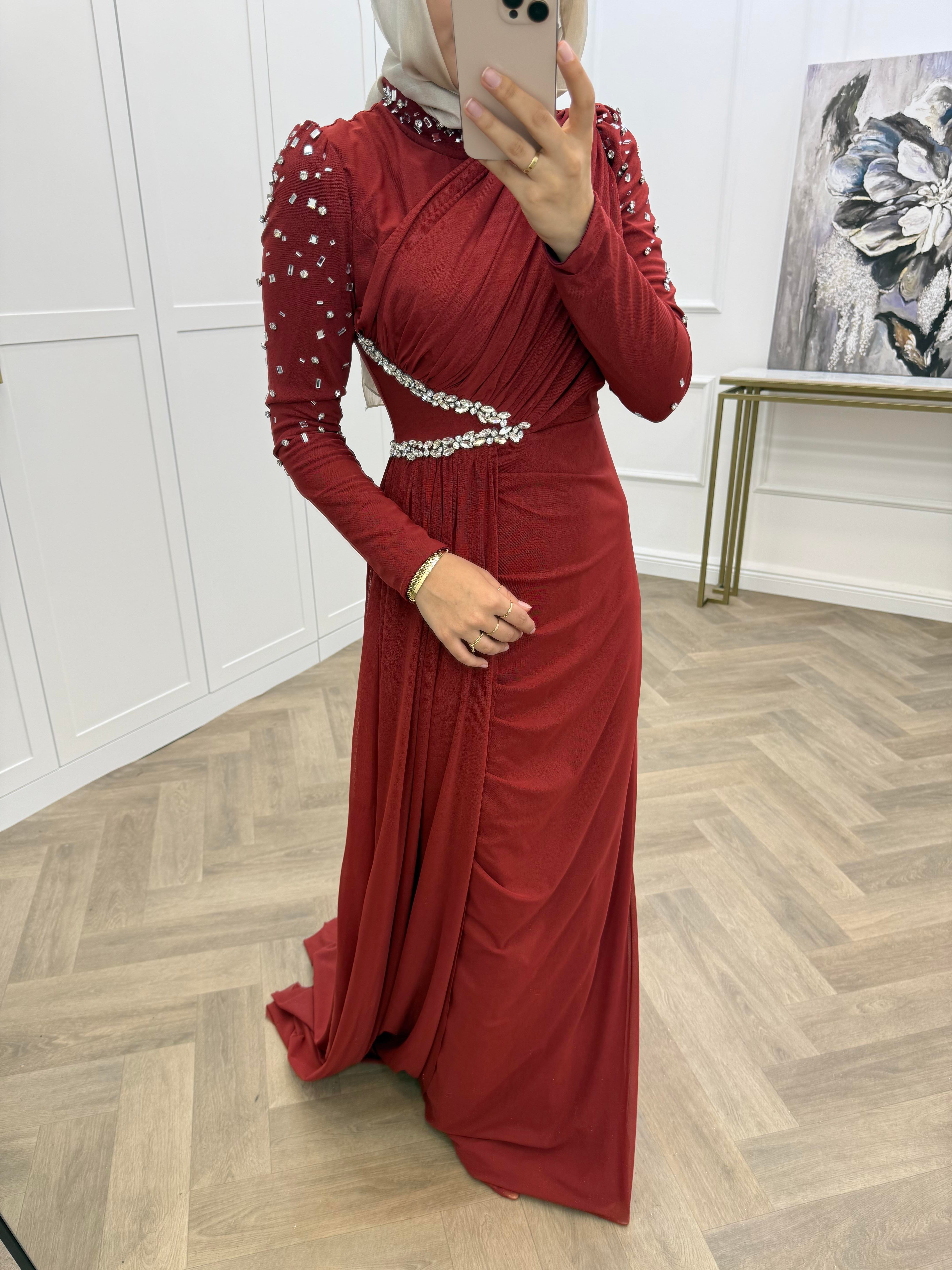 KOLLARI TAŞLI ABİYE BORDO