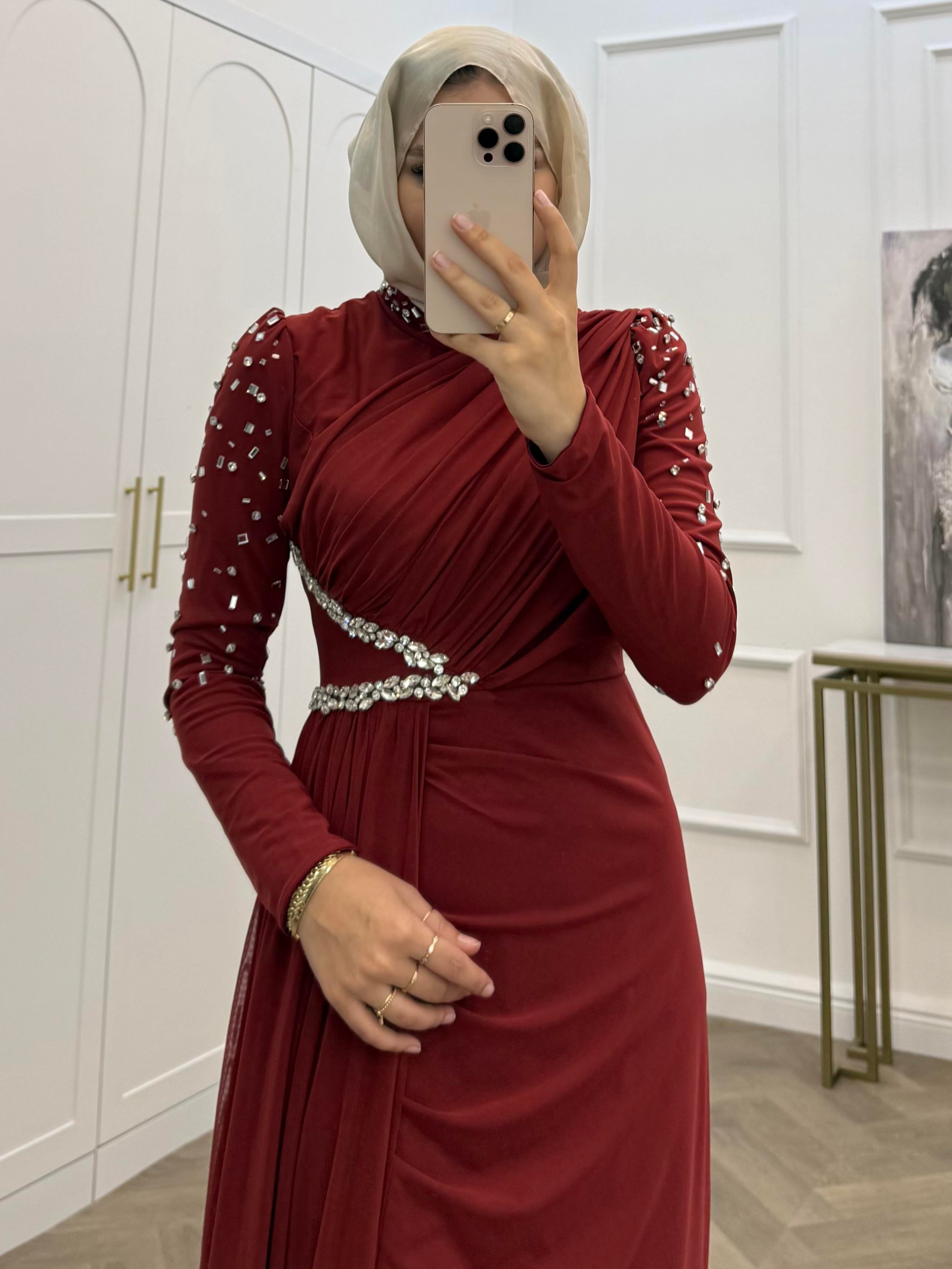 KOLLARI TAŞLI ABİYE BORDO