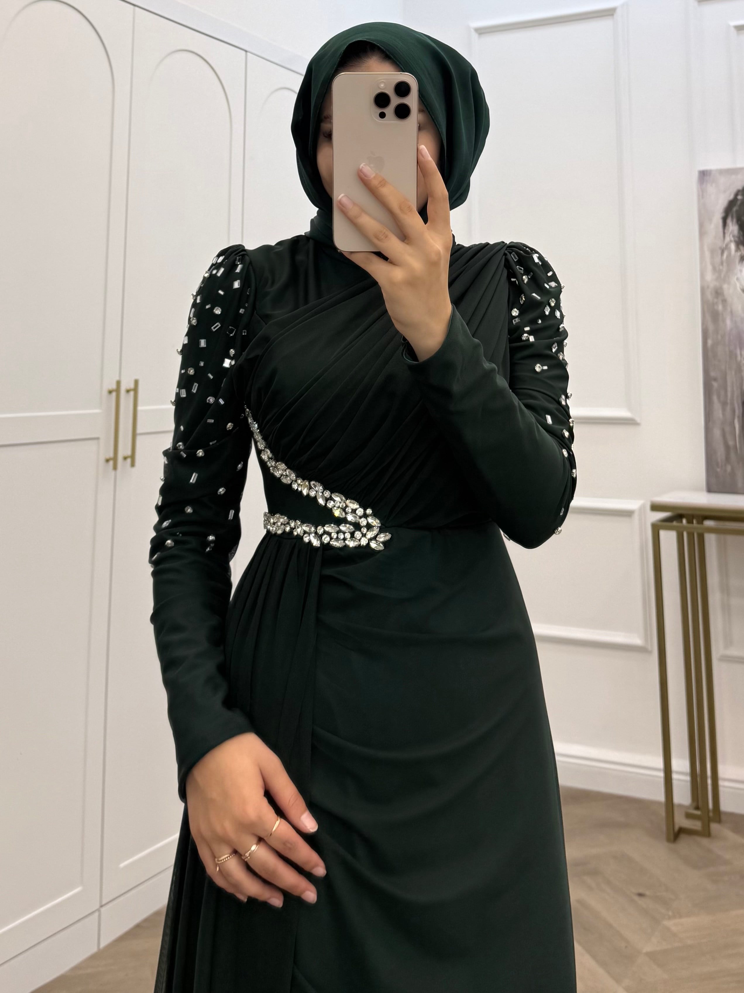 KOLLARI TAŞLI ABİYE KOYU ZÜMRÜT
