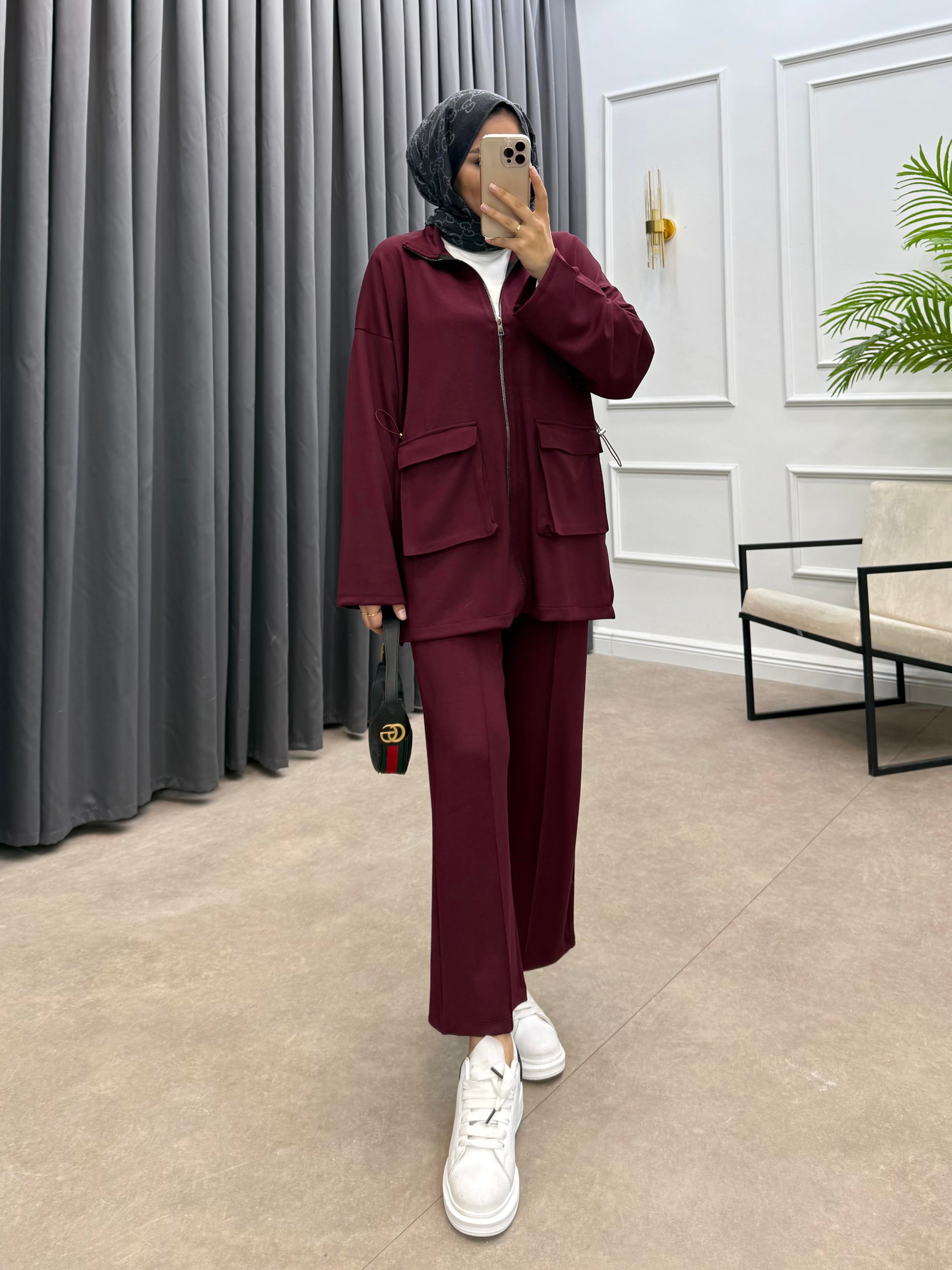 KÖRÜK CEPLİ PANTOLONLU TAKIM BORDO