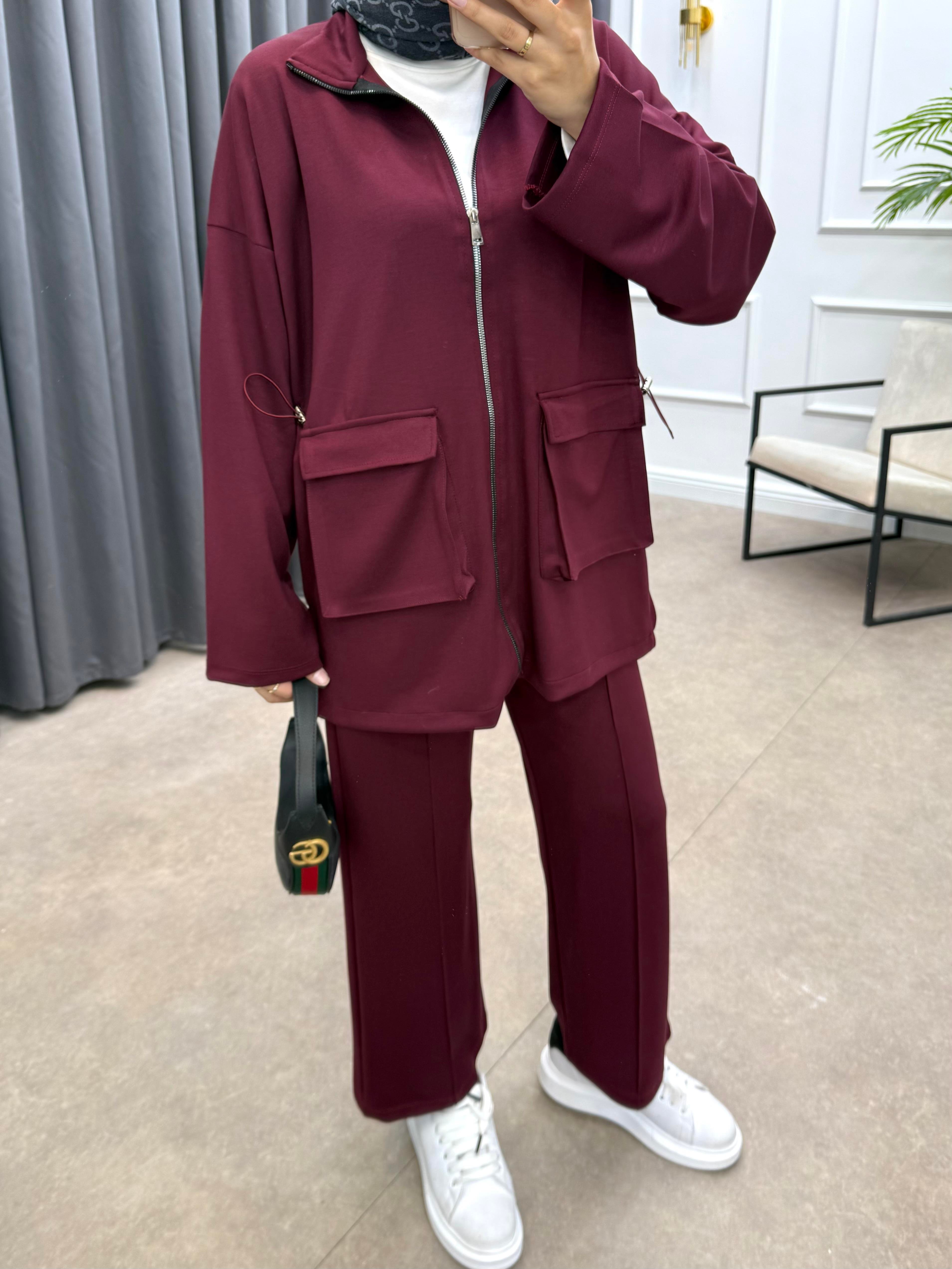 KÖRÜK CEPLİ PANTOLONLU TAKIM BORDO