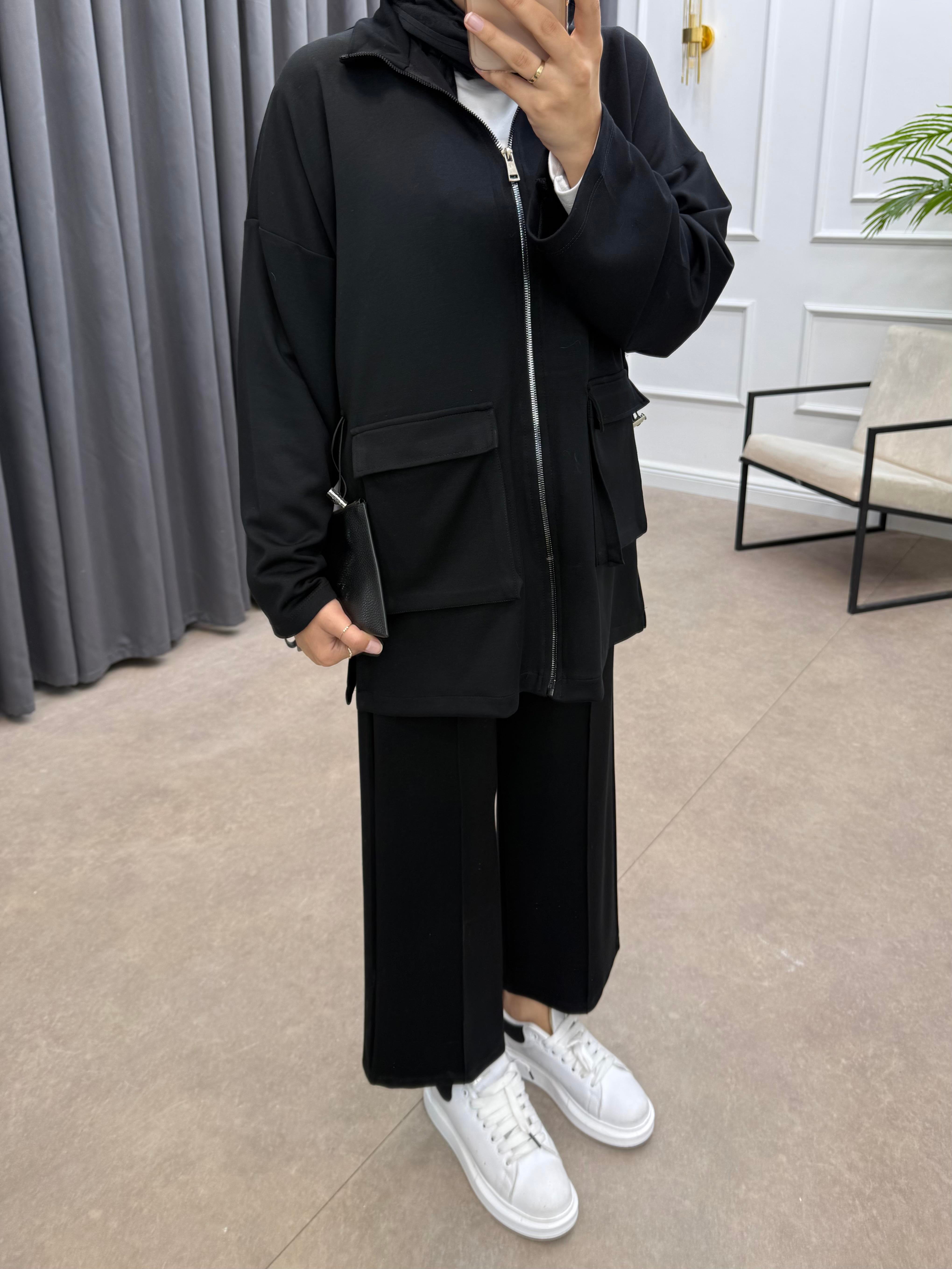 KÖRÜK CEPLİ PANTOLONLU TAKIM SİYAH