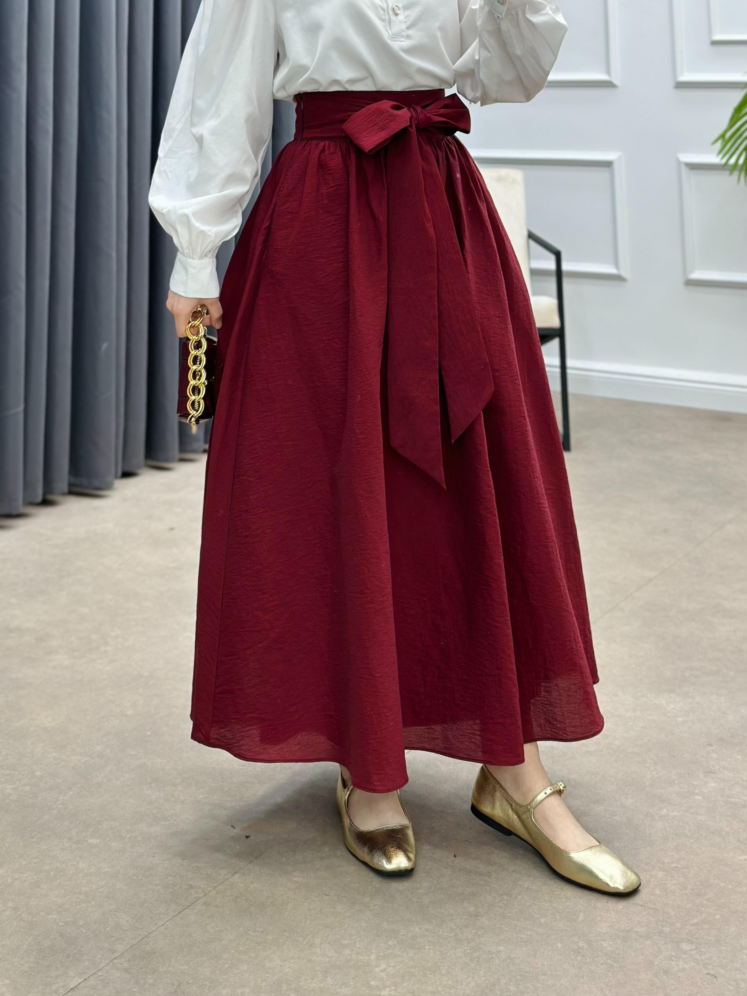 KURDELE DETAYLI PARAŞÜT ETEK BORDO