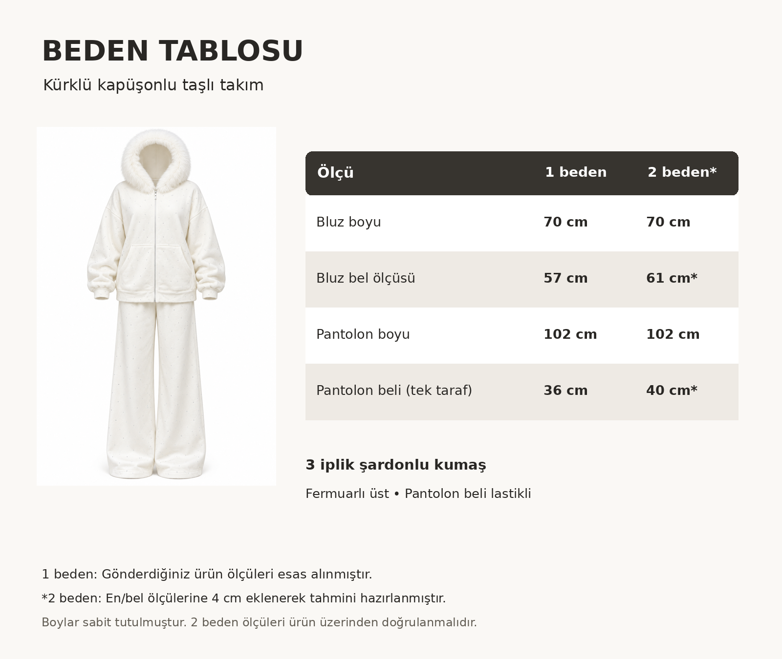 KÜRK DETAY TAŞLI ŞARDONLU PANTOLONLU TAKIM EKRU