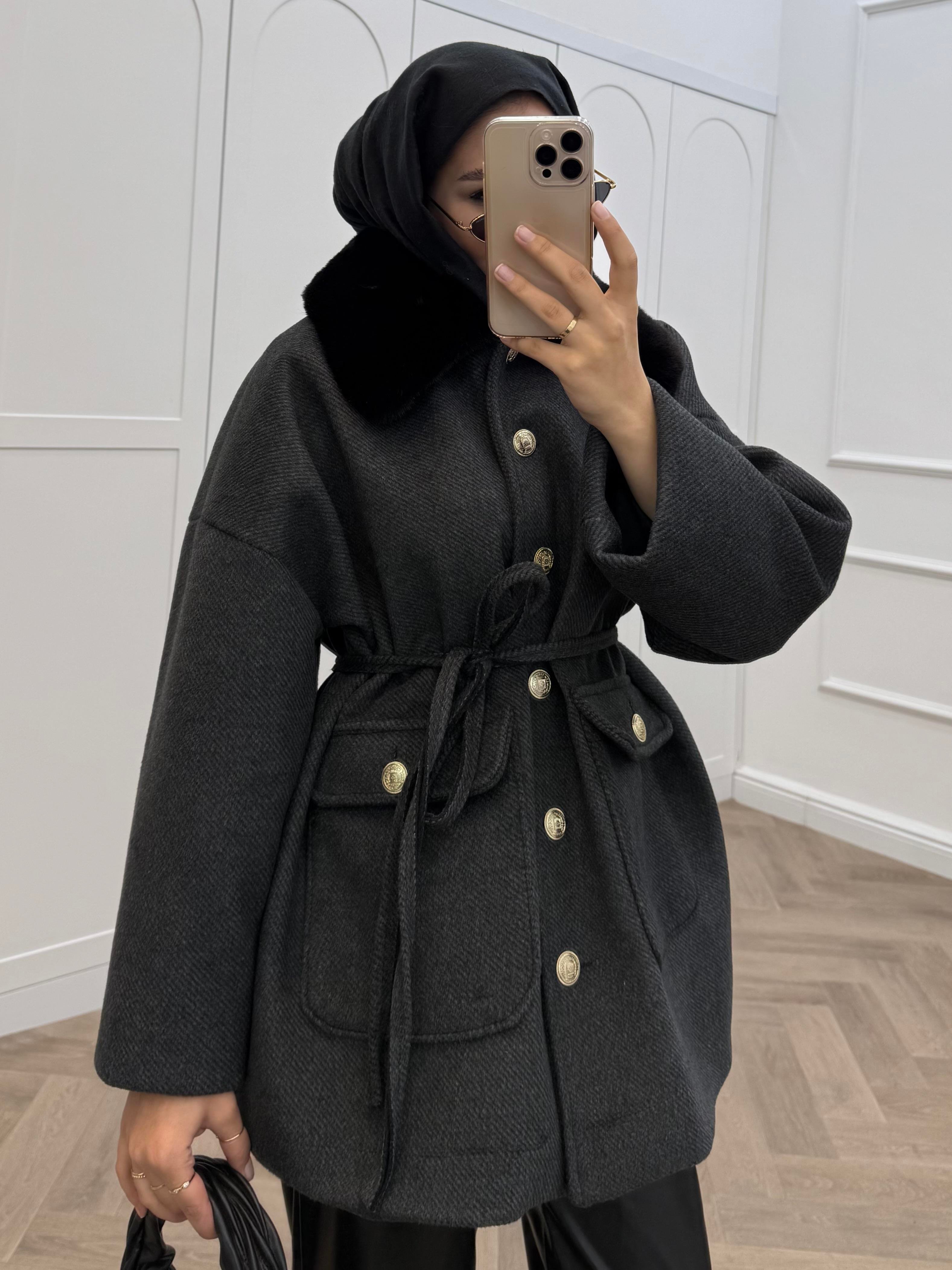 KÜRK YAKA GOLD DÜĞMELİ CEKET ANTRASİT