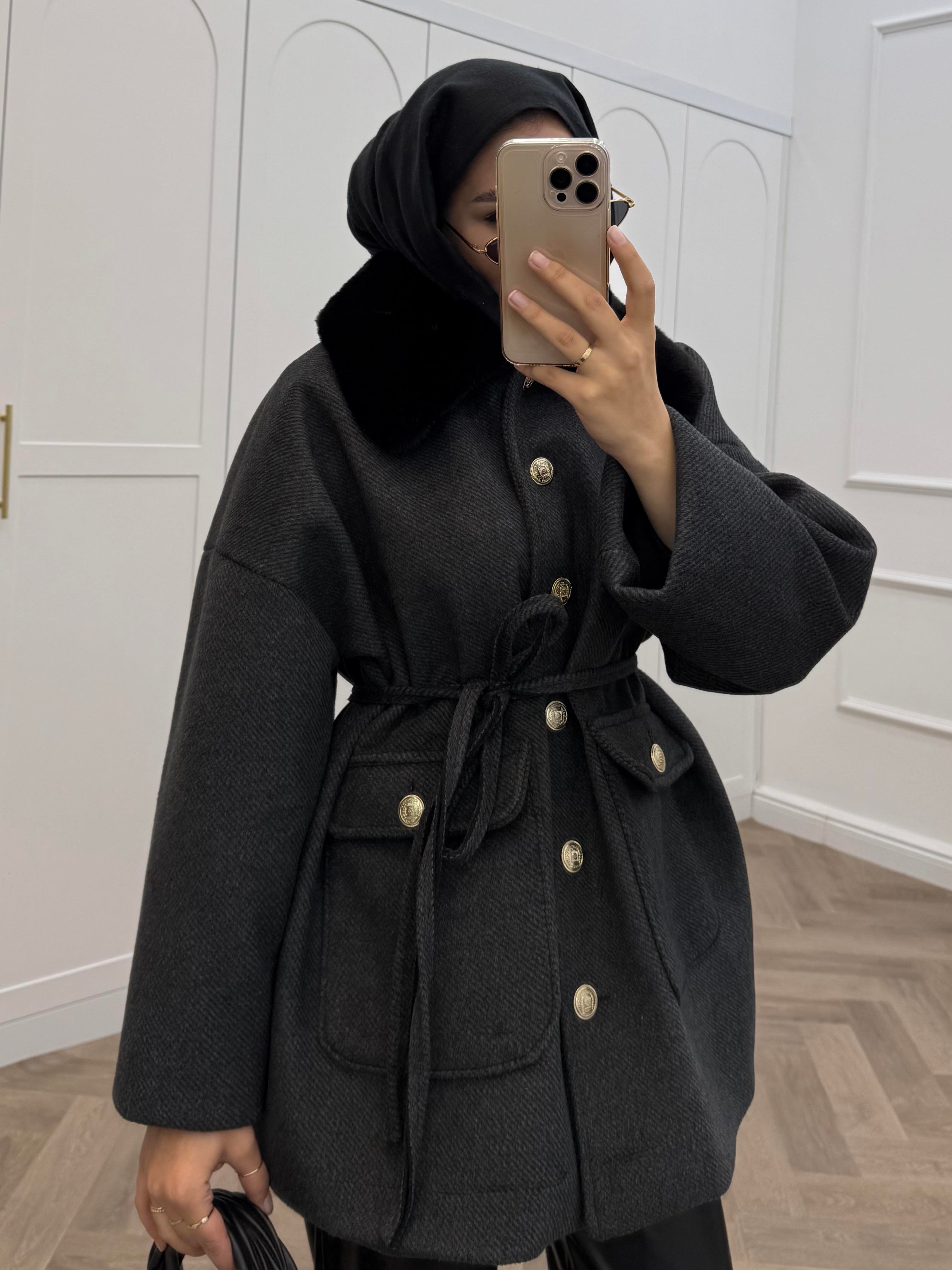 KÜRK YAKA GOLD DÜĞMELİ CEKET ANTRASİT