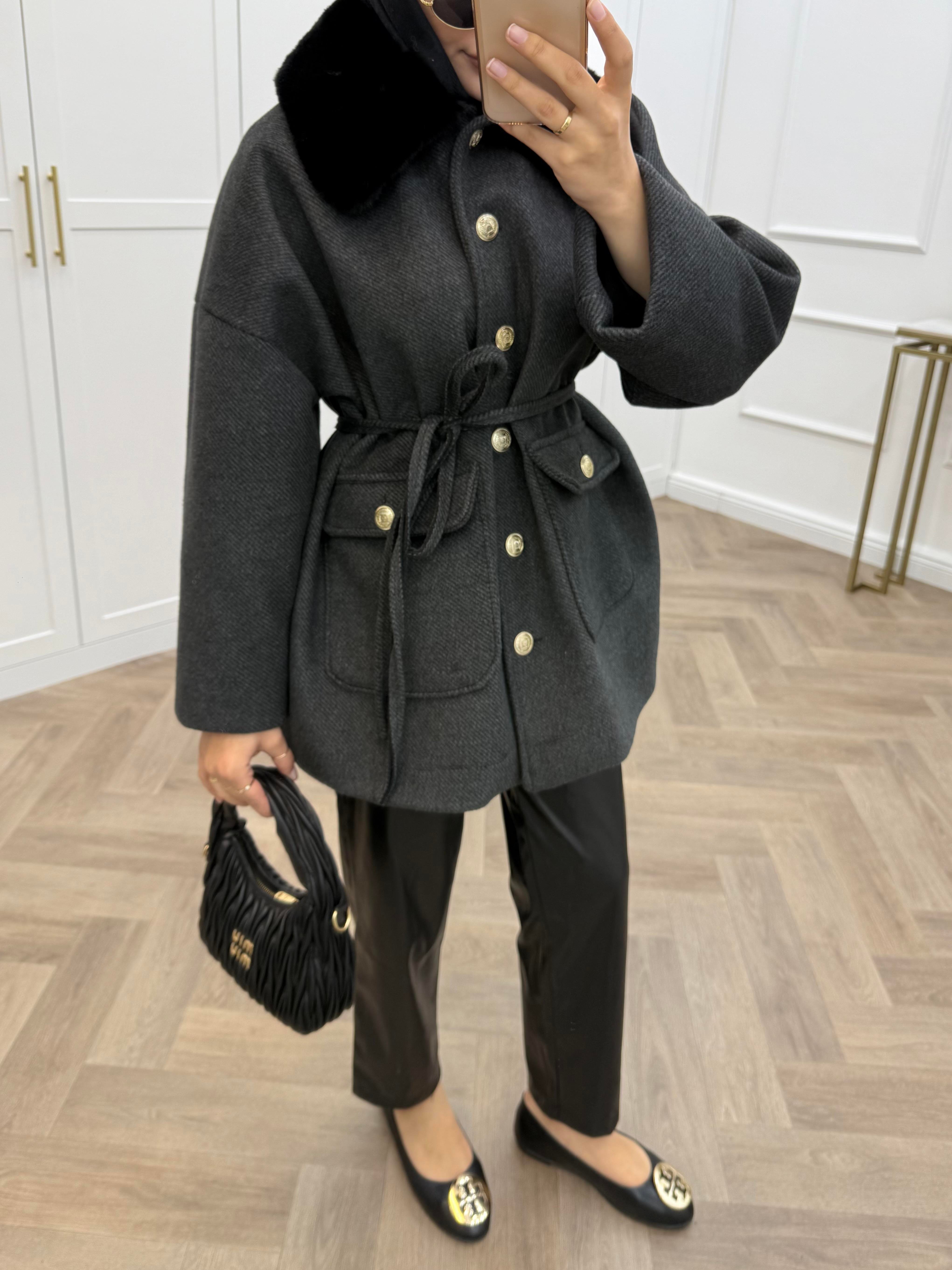 KÜRK YAKA GOLD DÜĞMELİ CEKET ANTRASİT