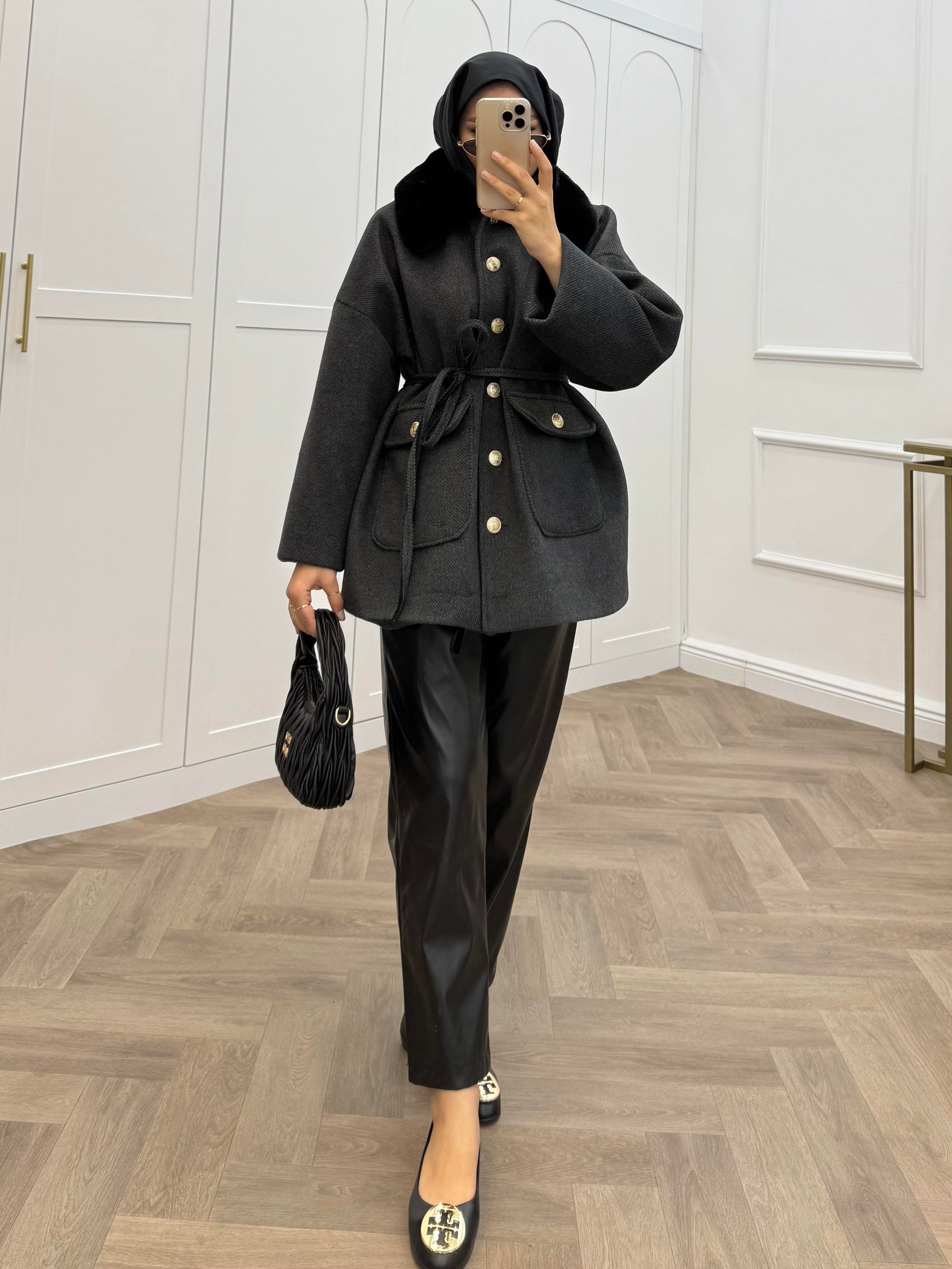 KÜRK YAKA GOLD DÜĞMELİ CEKET ANTRASİT