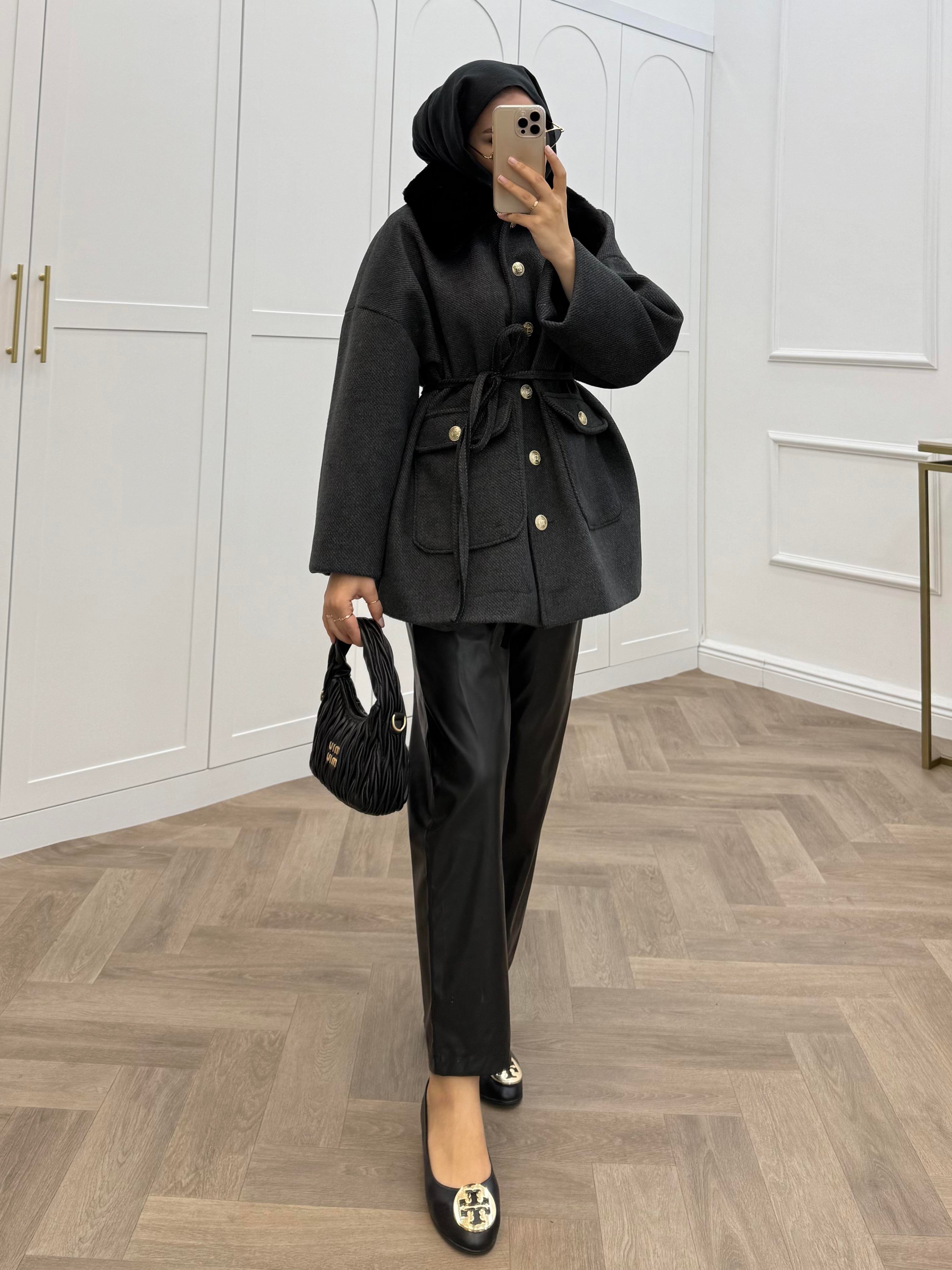 KÜRK YAKA GOLD DÜĞMELİ CEKET ANTRASİT