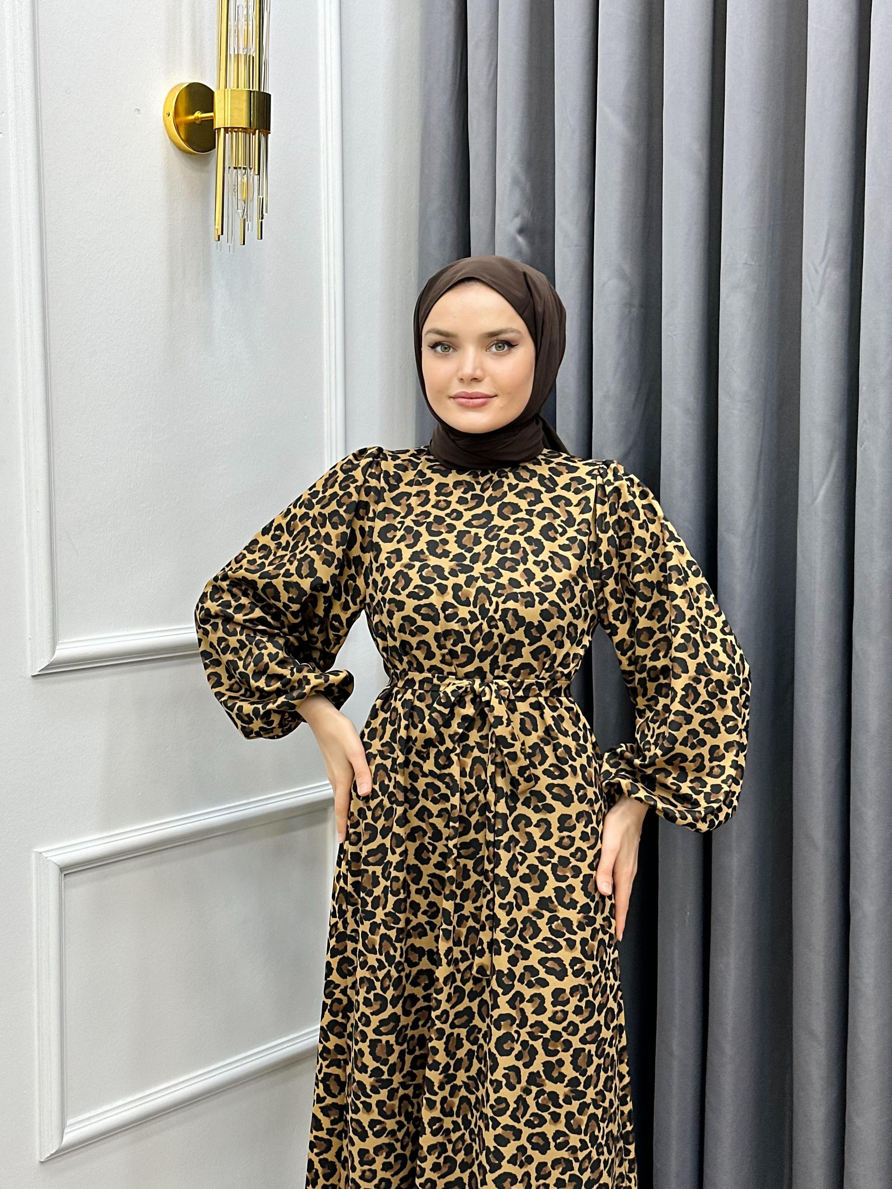 LEOPAR BALON KOL ELBİSE CAMEL