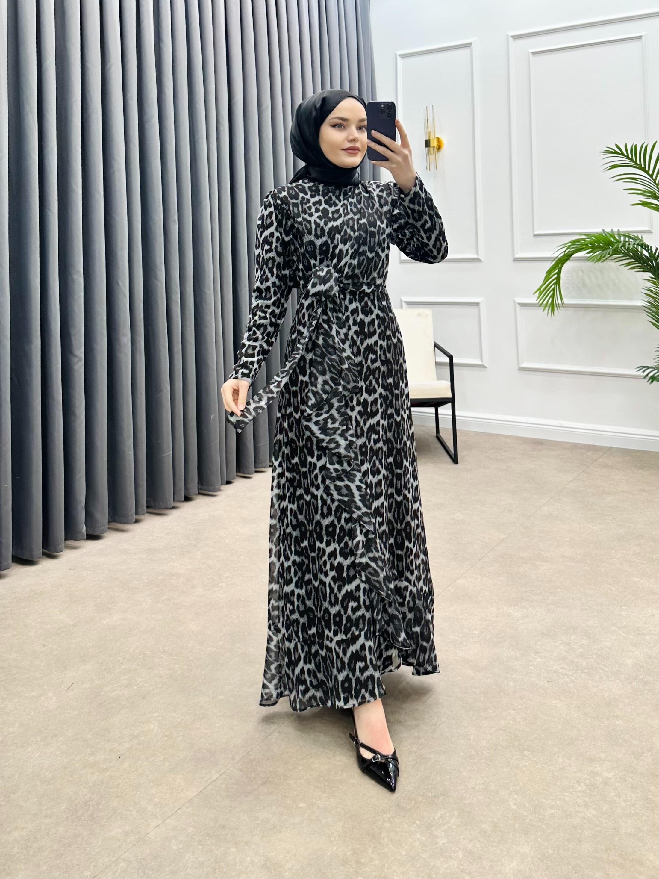 LEOPAR DESEN ELBİSE GRİ