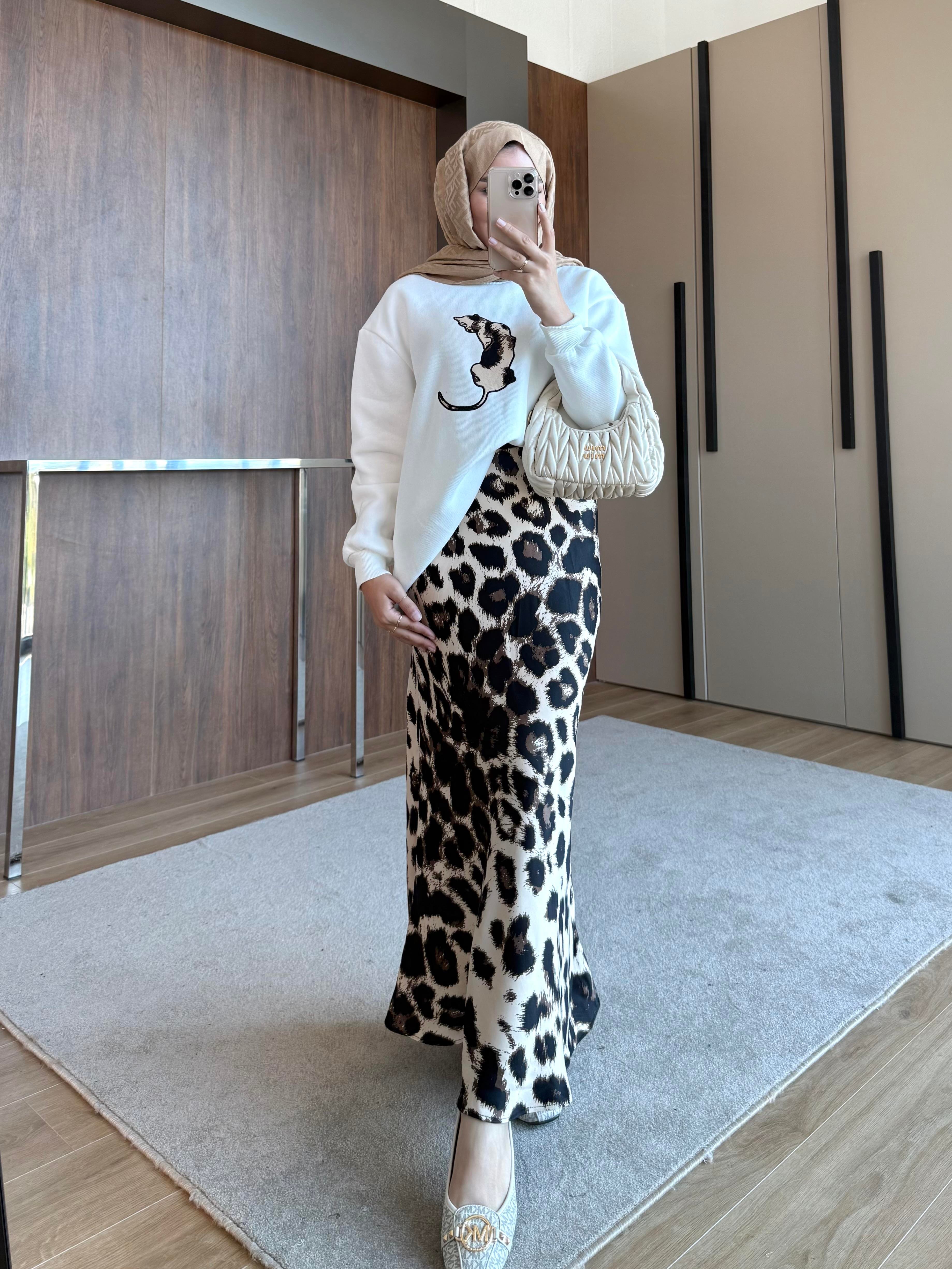 LEOPAR DESENLİ ETEKLİ TAKIM BEYAZ