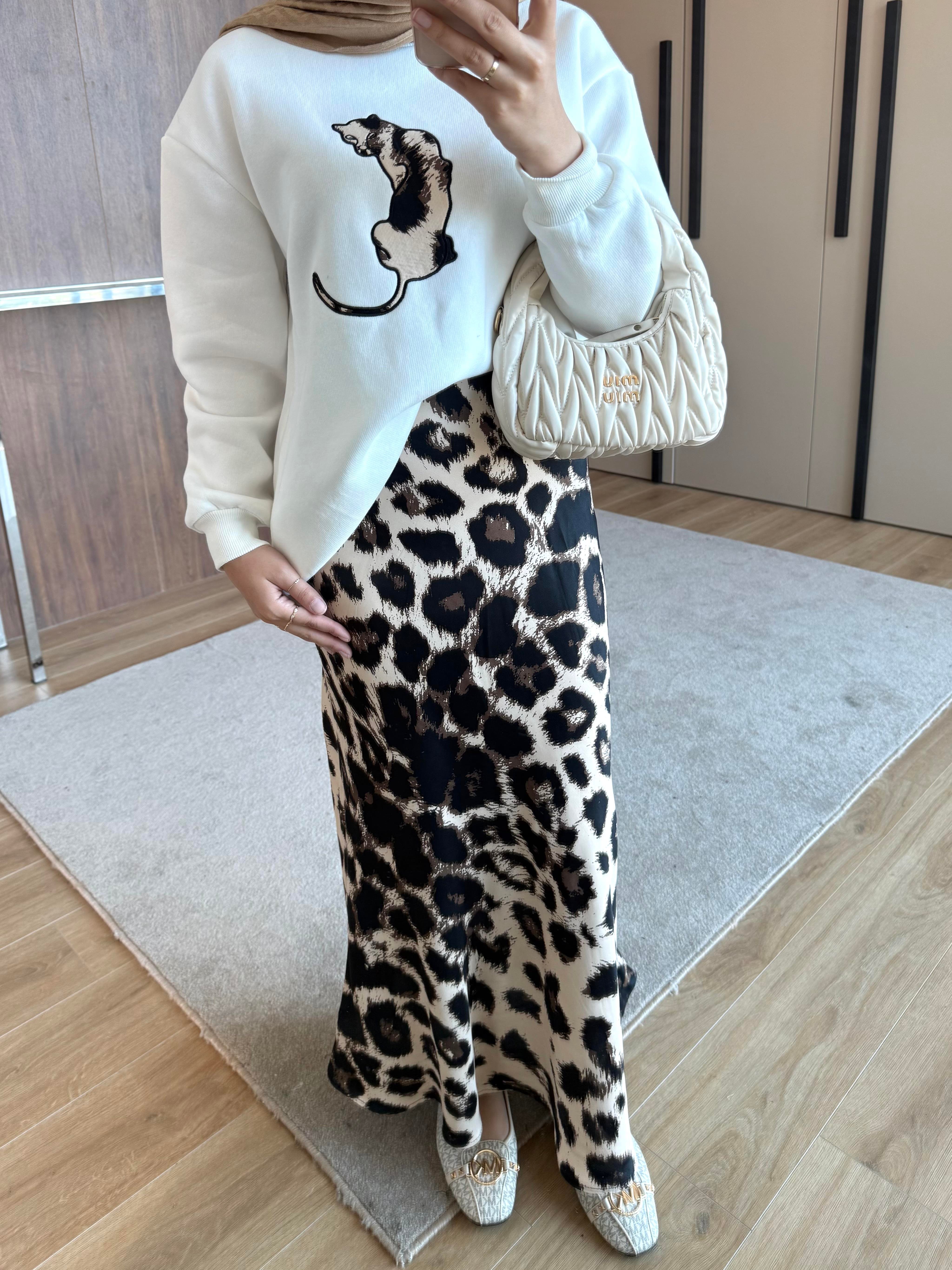 LEOPAR DESENLİ ETEKLİ TAKIM BEYAZ