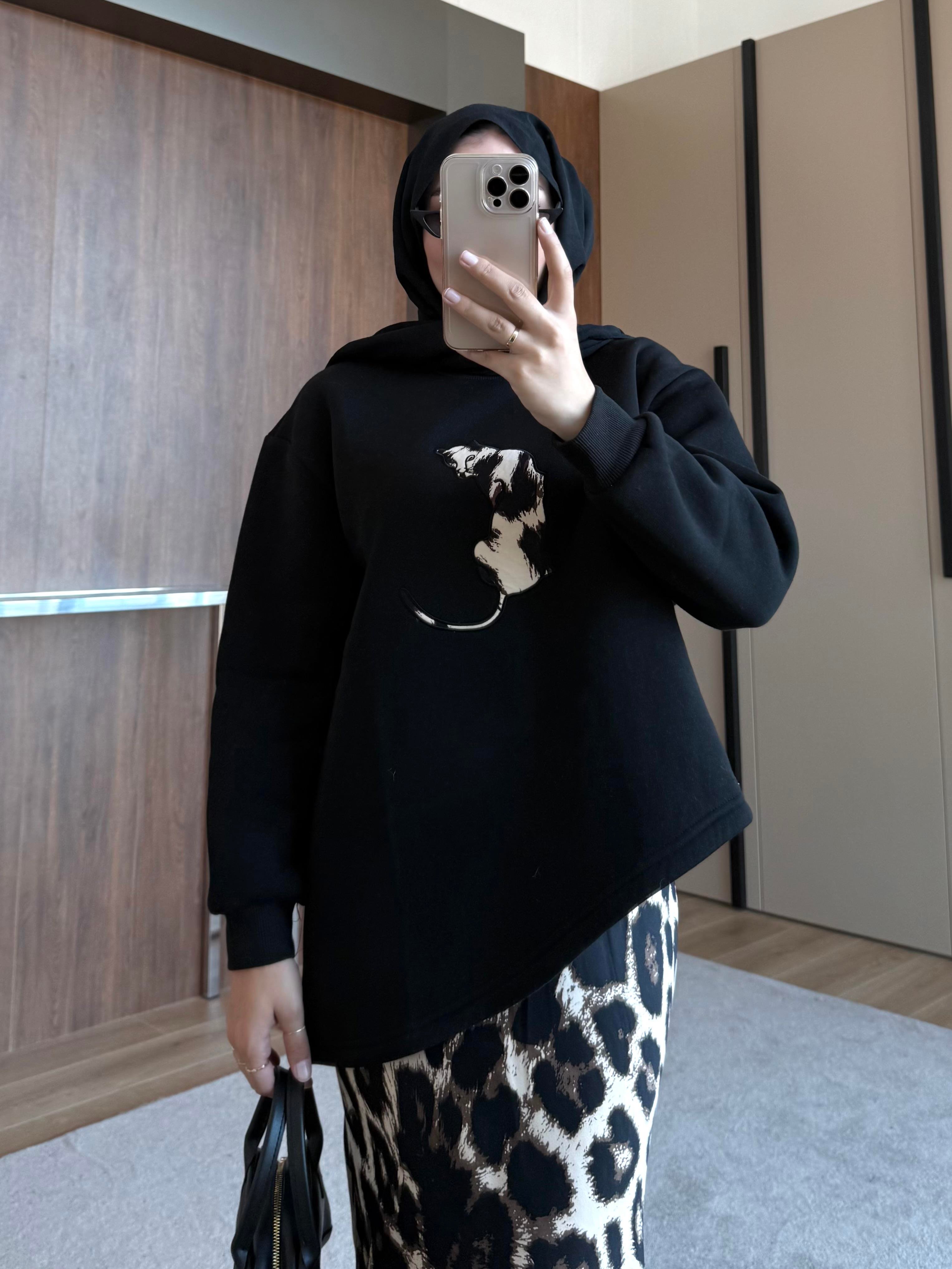 LEOPAR DESENLİ ETEKLİ TAKIM SİYAH