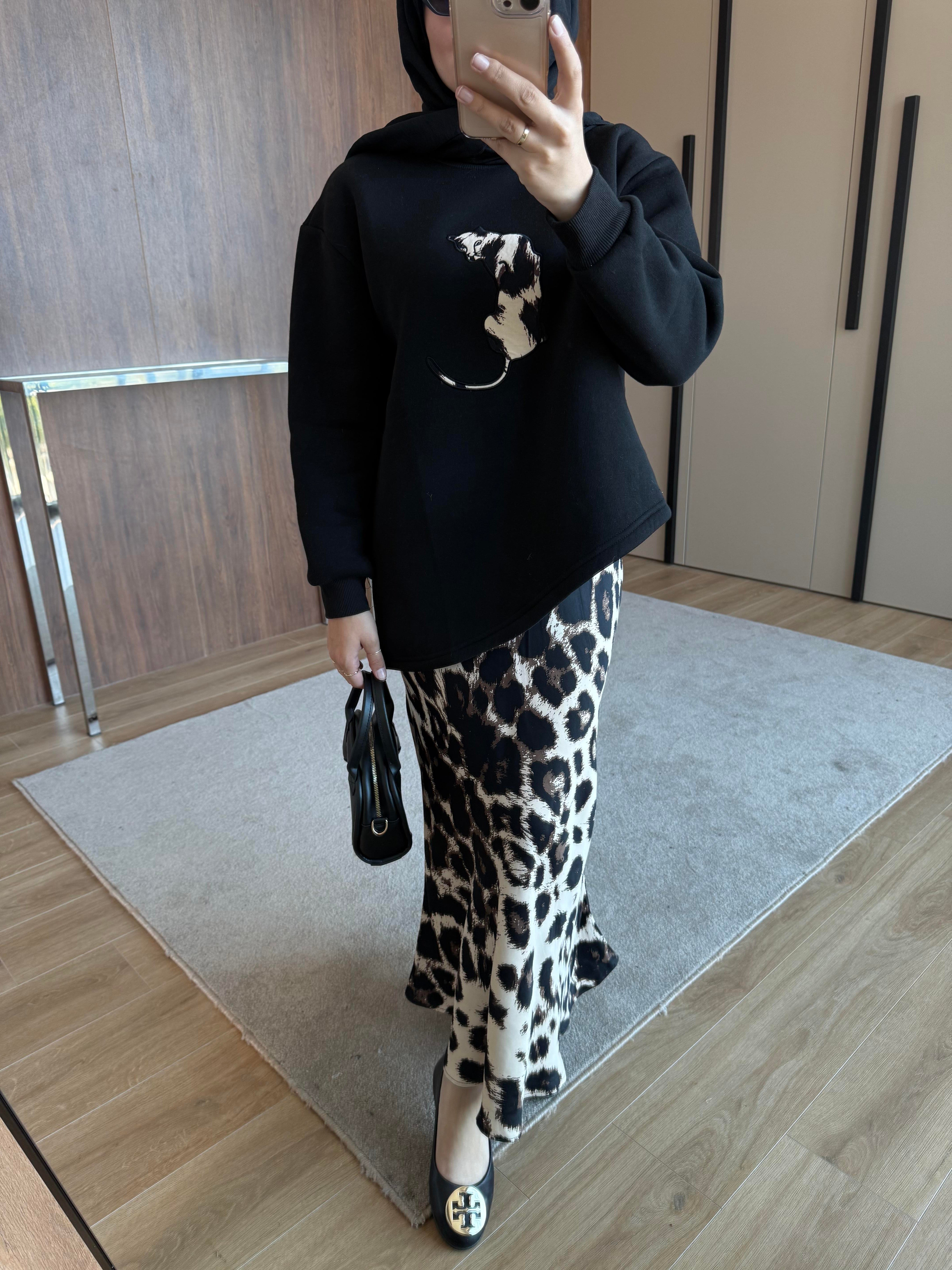 LEOPAR DESENLİ ETEKLİ TAKIM SİYAH