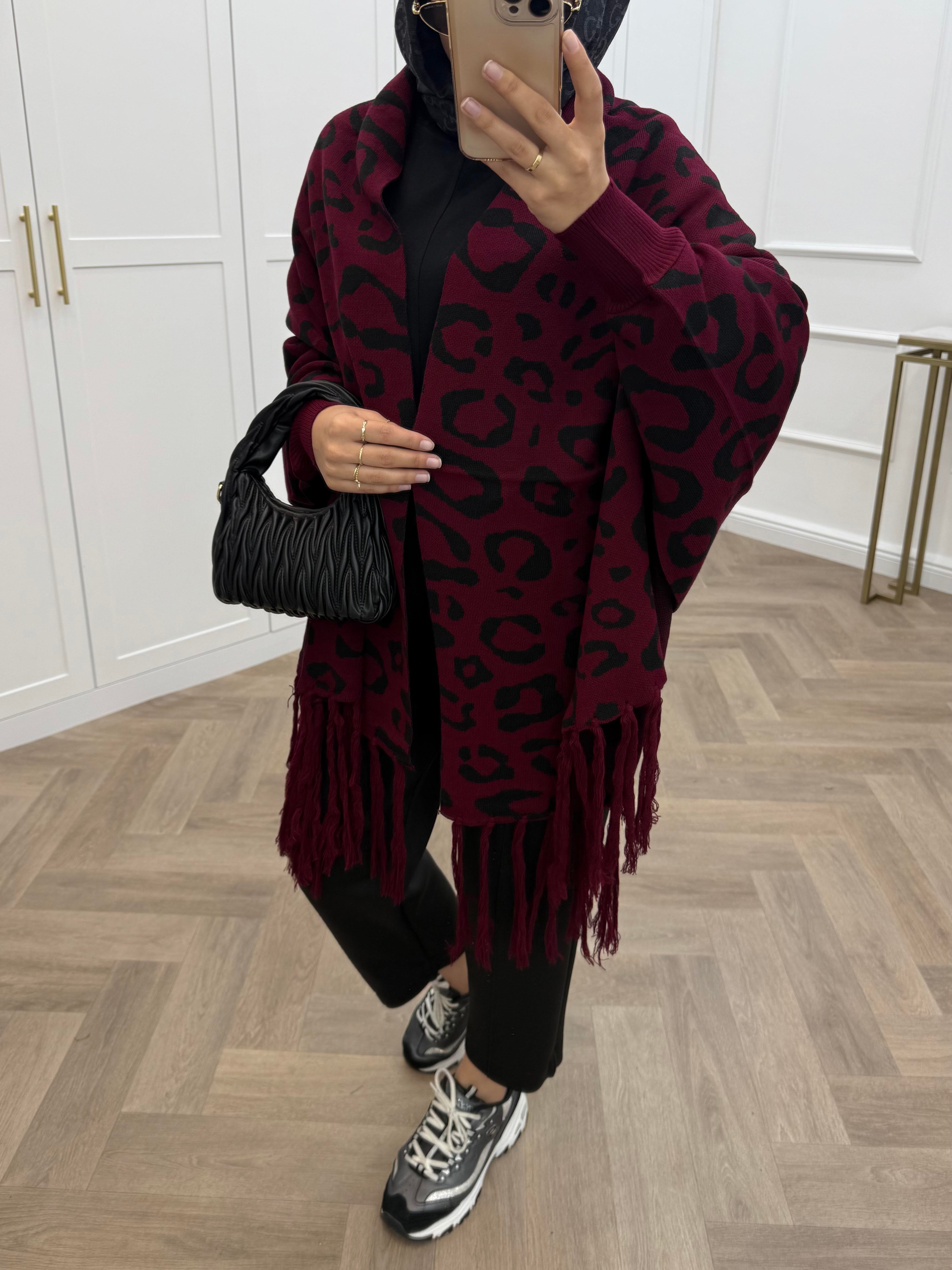 LEOPAR DESENLİ ŞAL PANÇO BORDO
