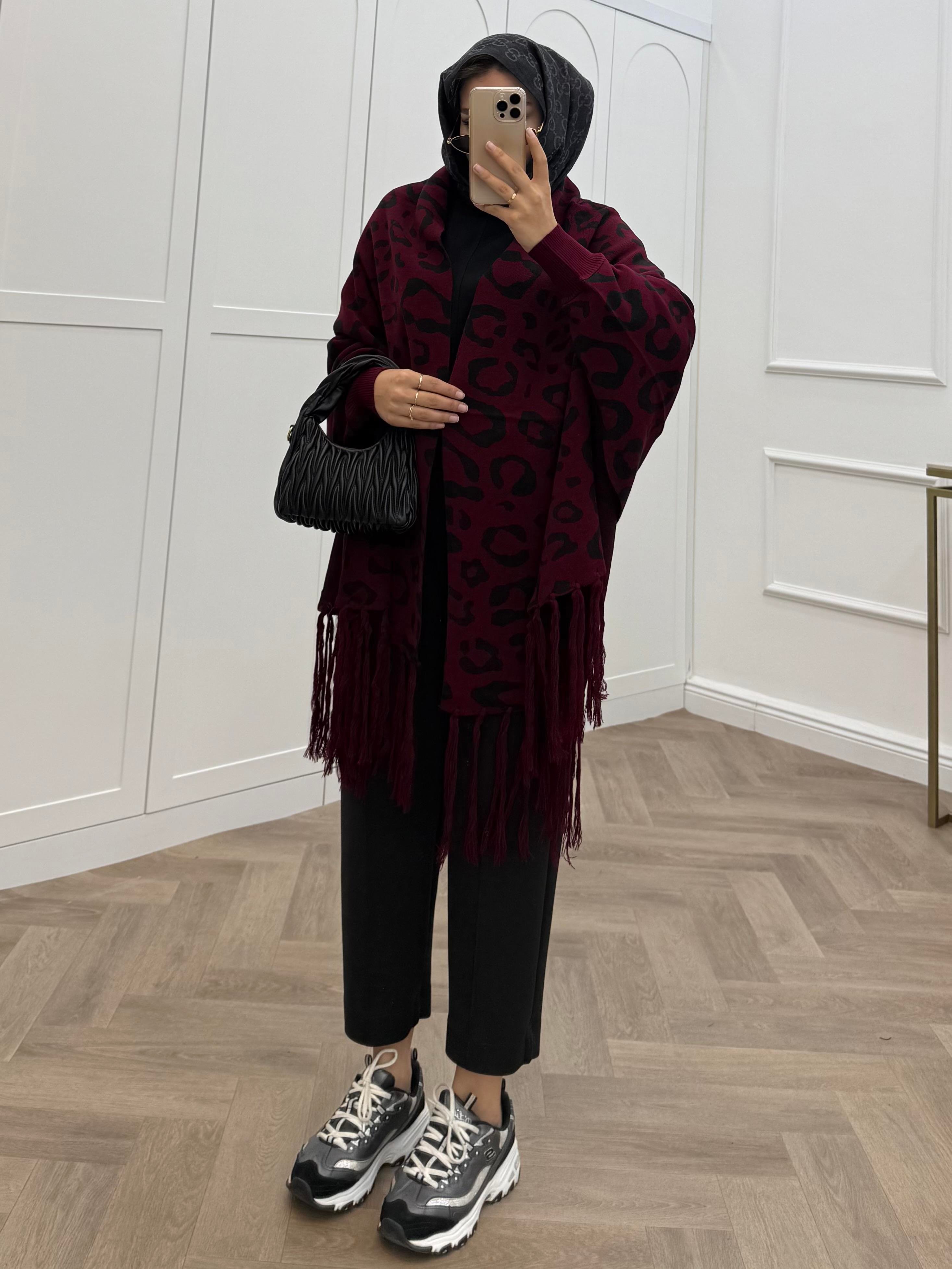 LEOPAR DESENLİ ŞAL PANÇO BORDO