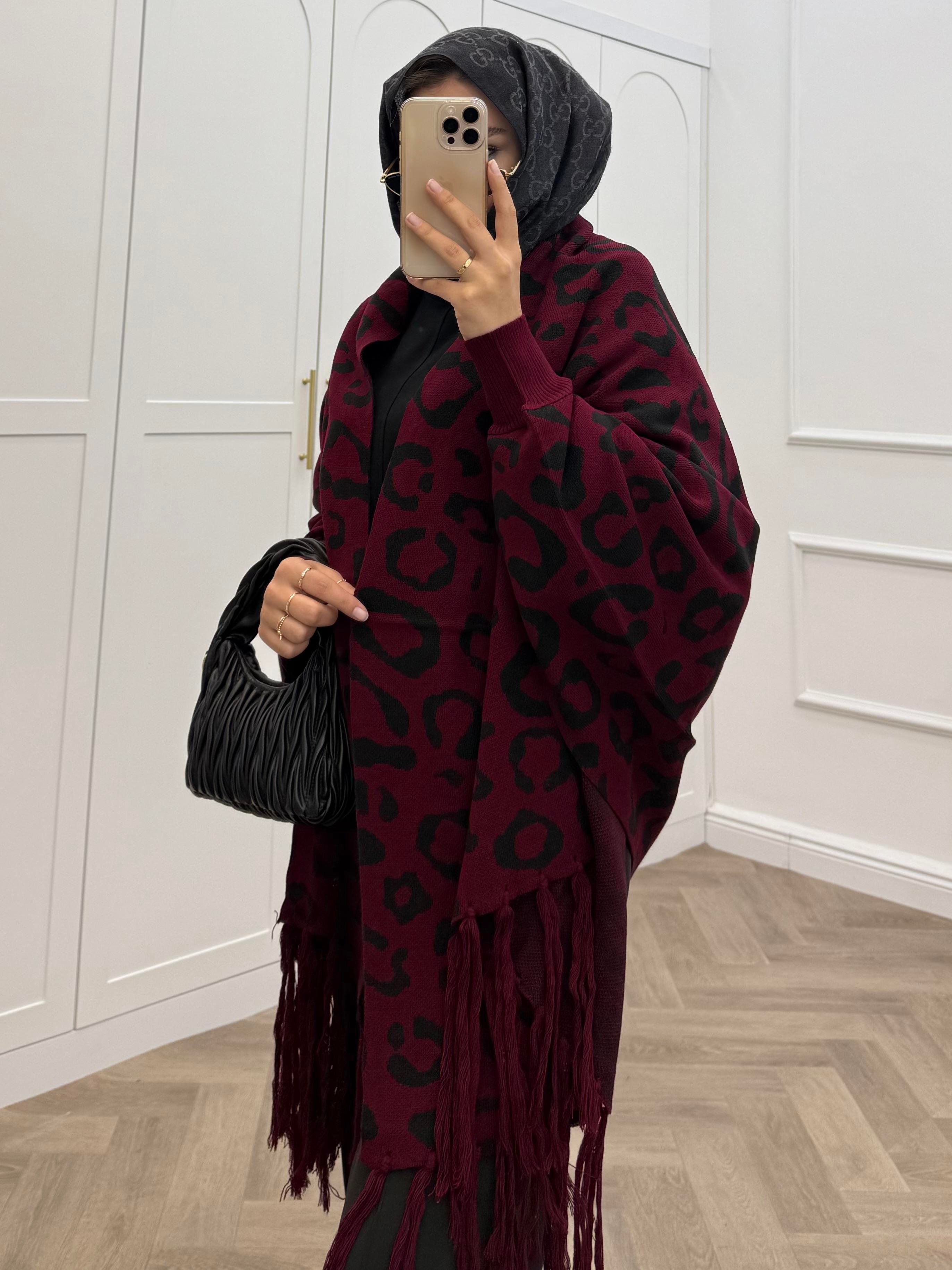 LEOPAR DESENLİ ŞAL PANÇO BORDO