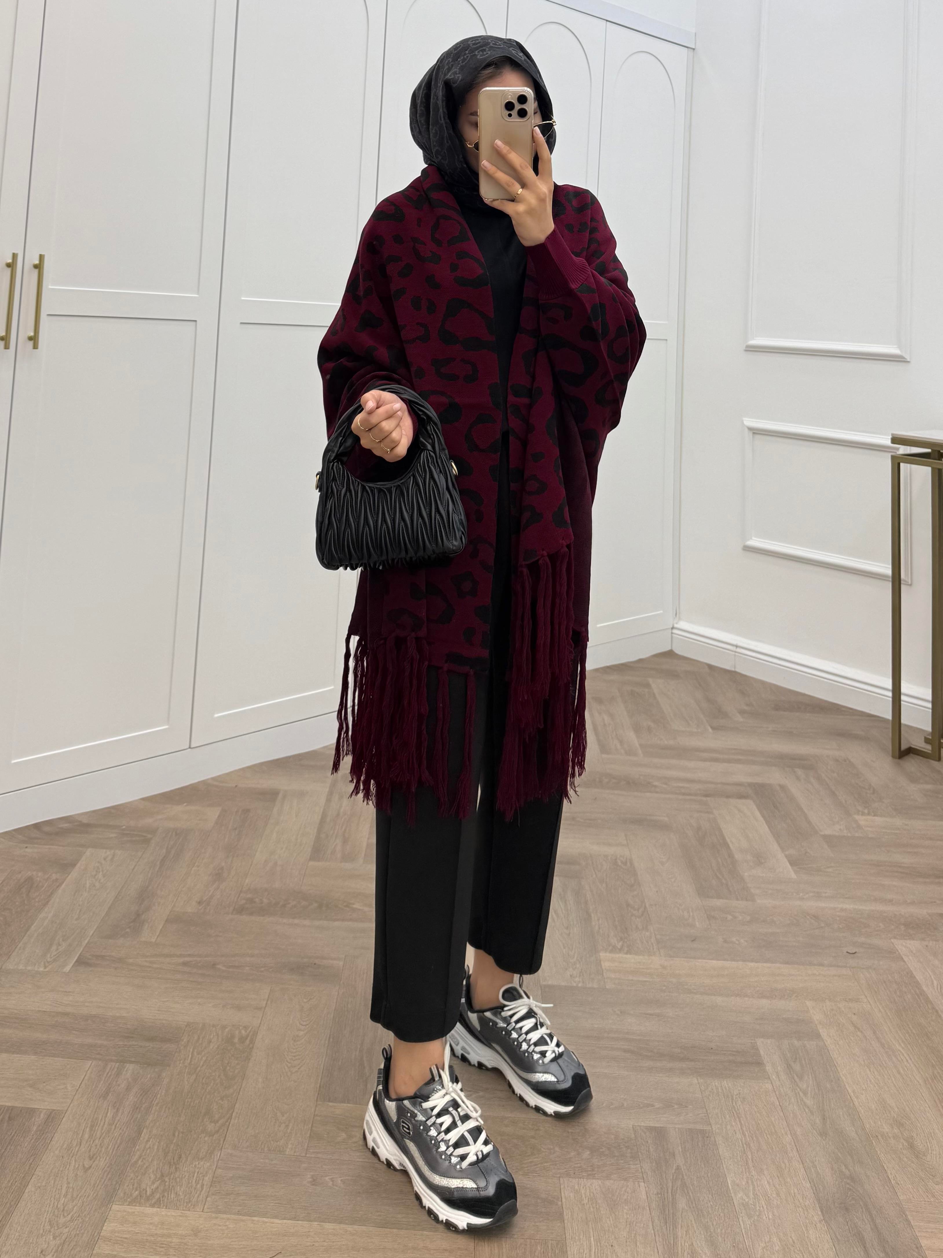 LEOPAR DESENLİ ŞAL PANÇO BORDO