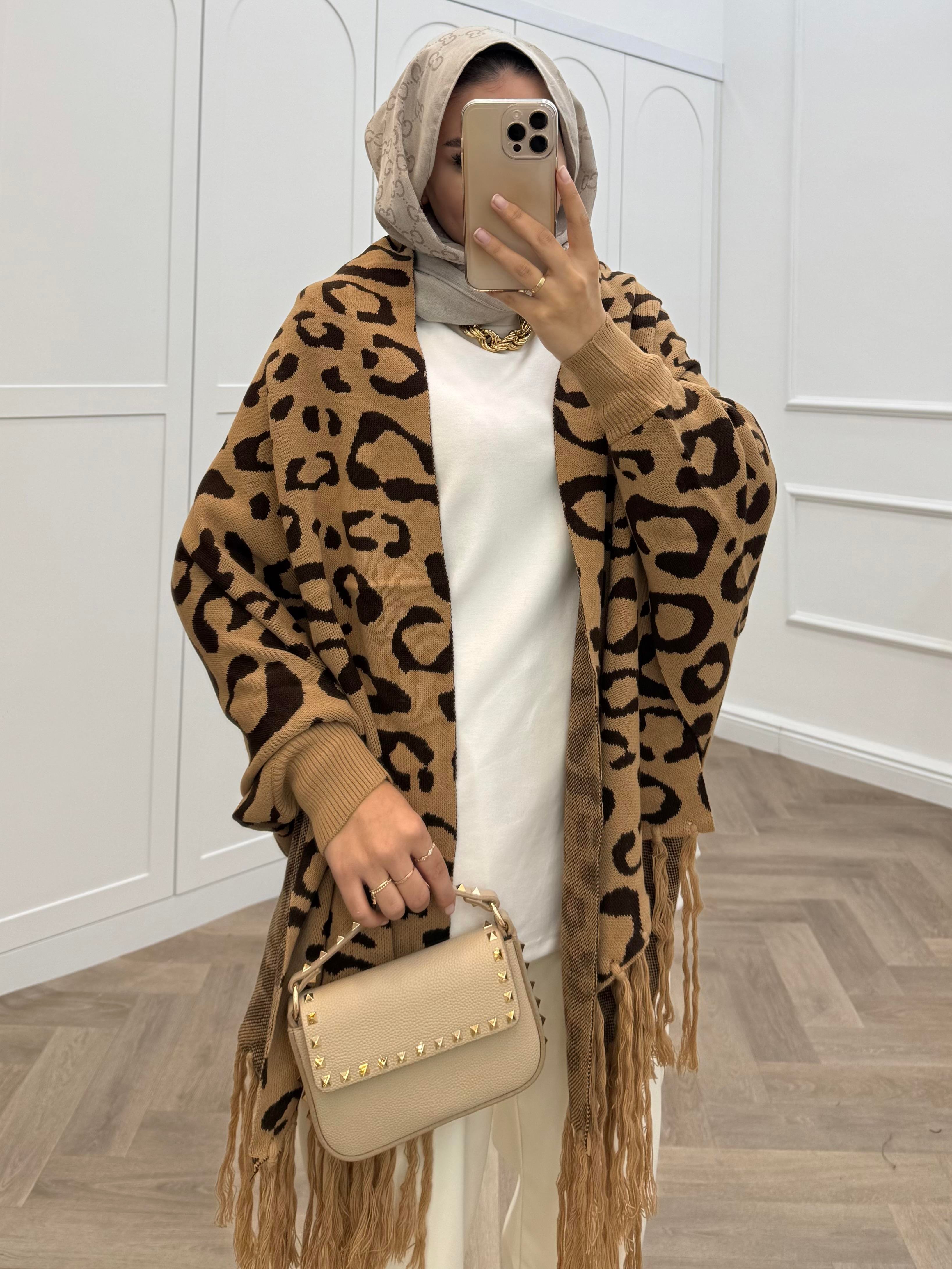 LEOPAR DESENLİ ŞAL PANÇO CAMEL