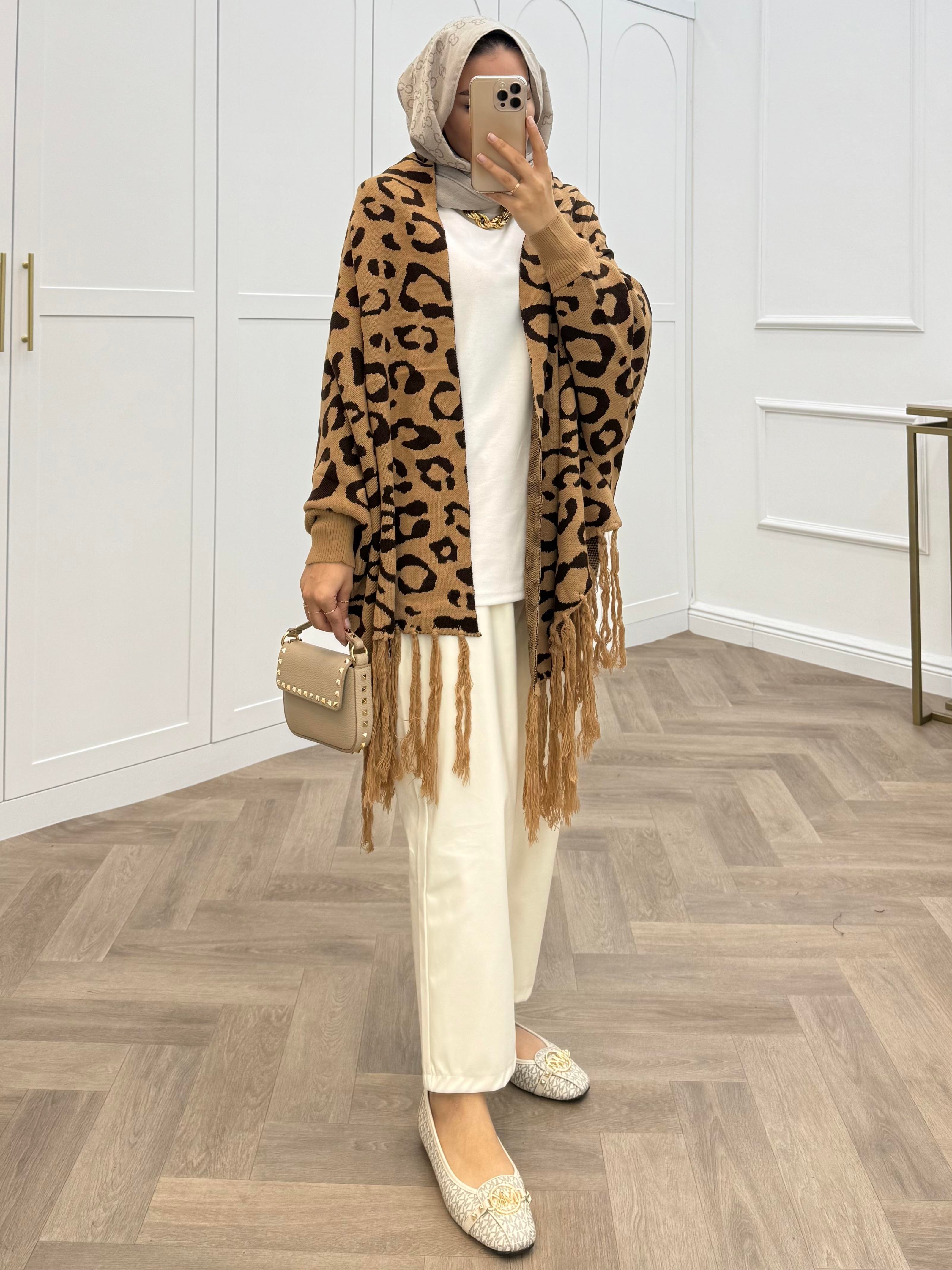 LEOPAR DESENLİ ŞAL PANÇO CAMEL