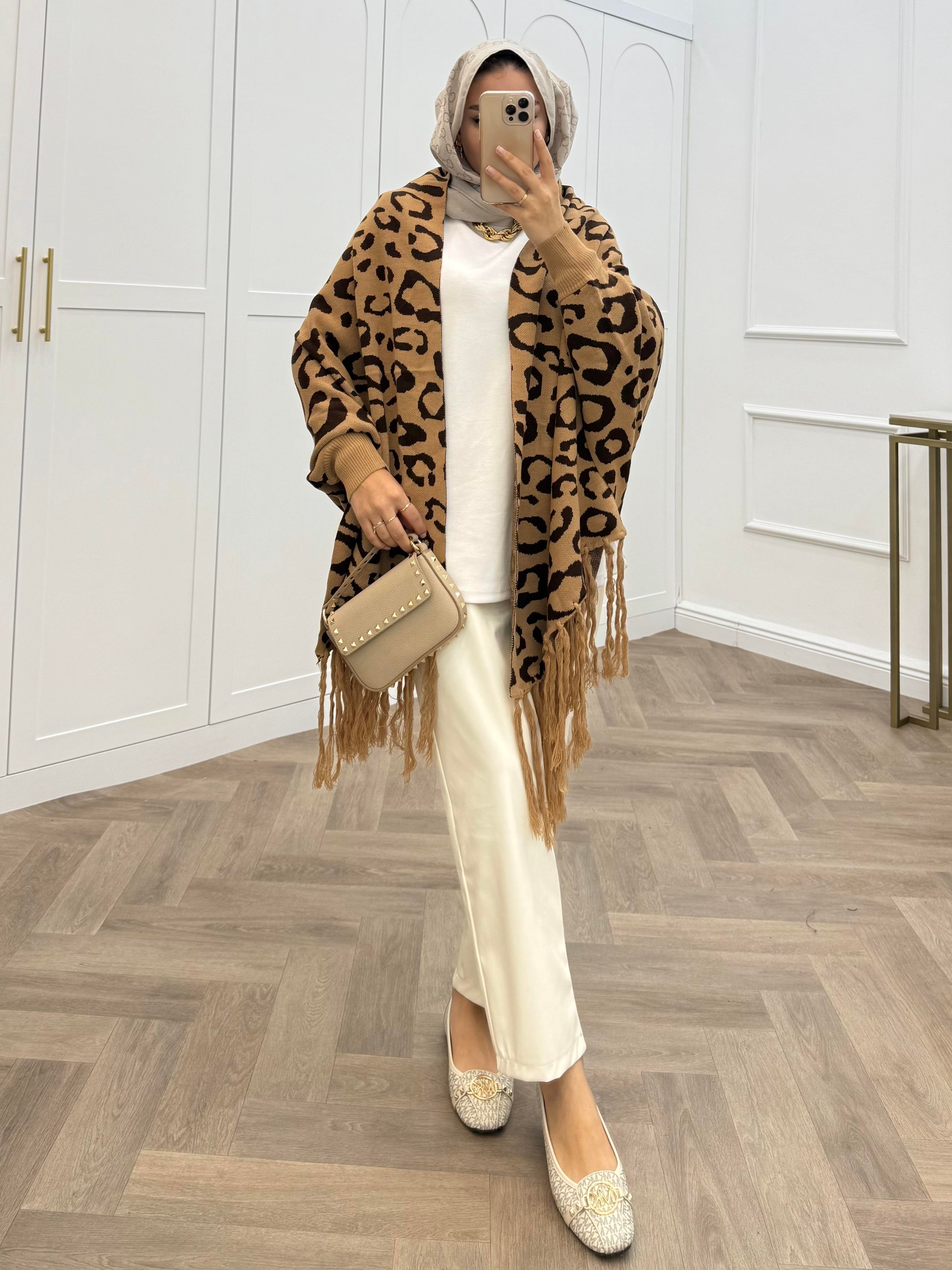 LEOPAR DESENLİ ŞAL PANÇO CAMEL