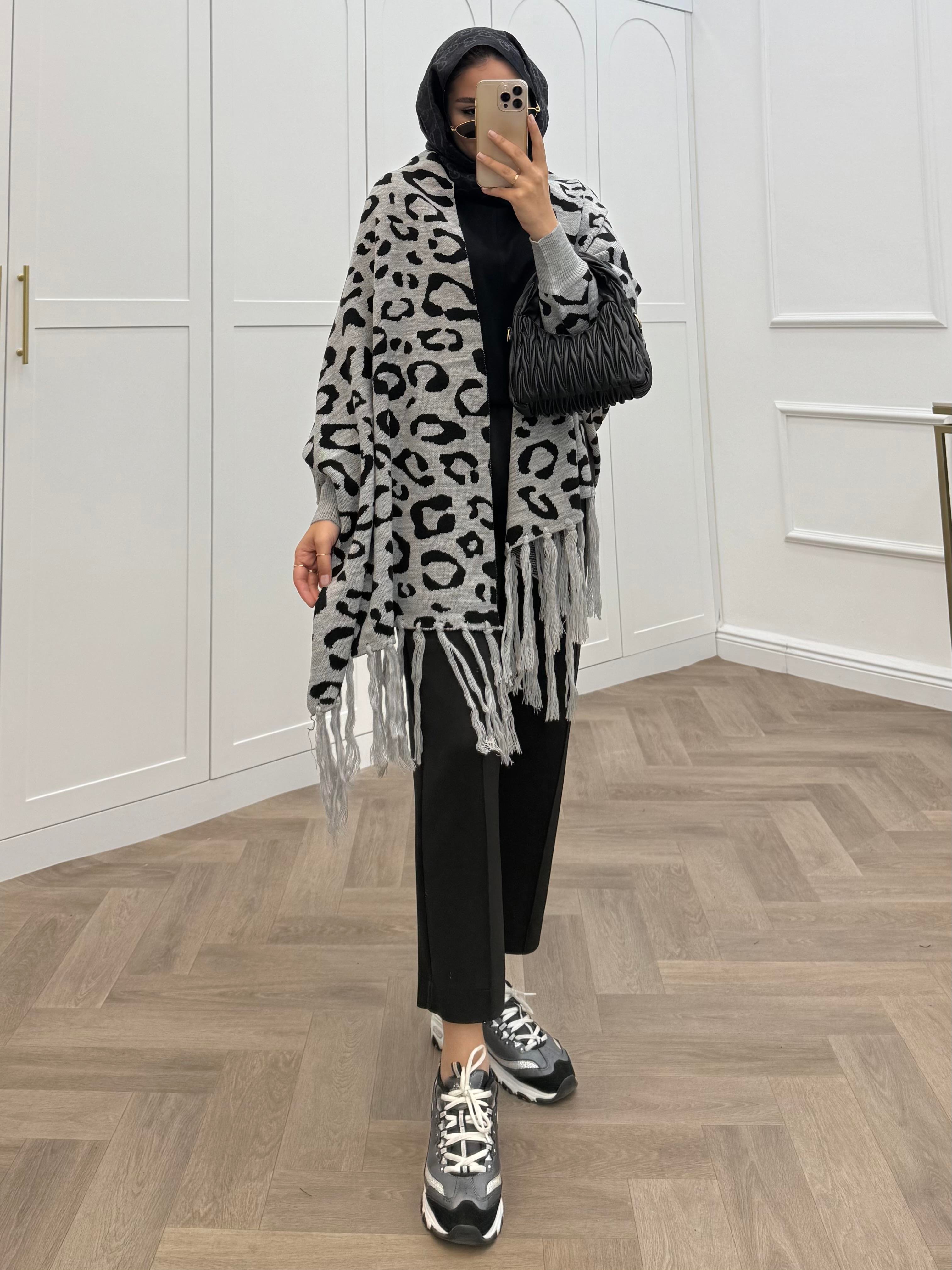 LEOPAR DESENLİ ŞAL PANÇO GRİ