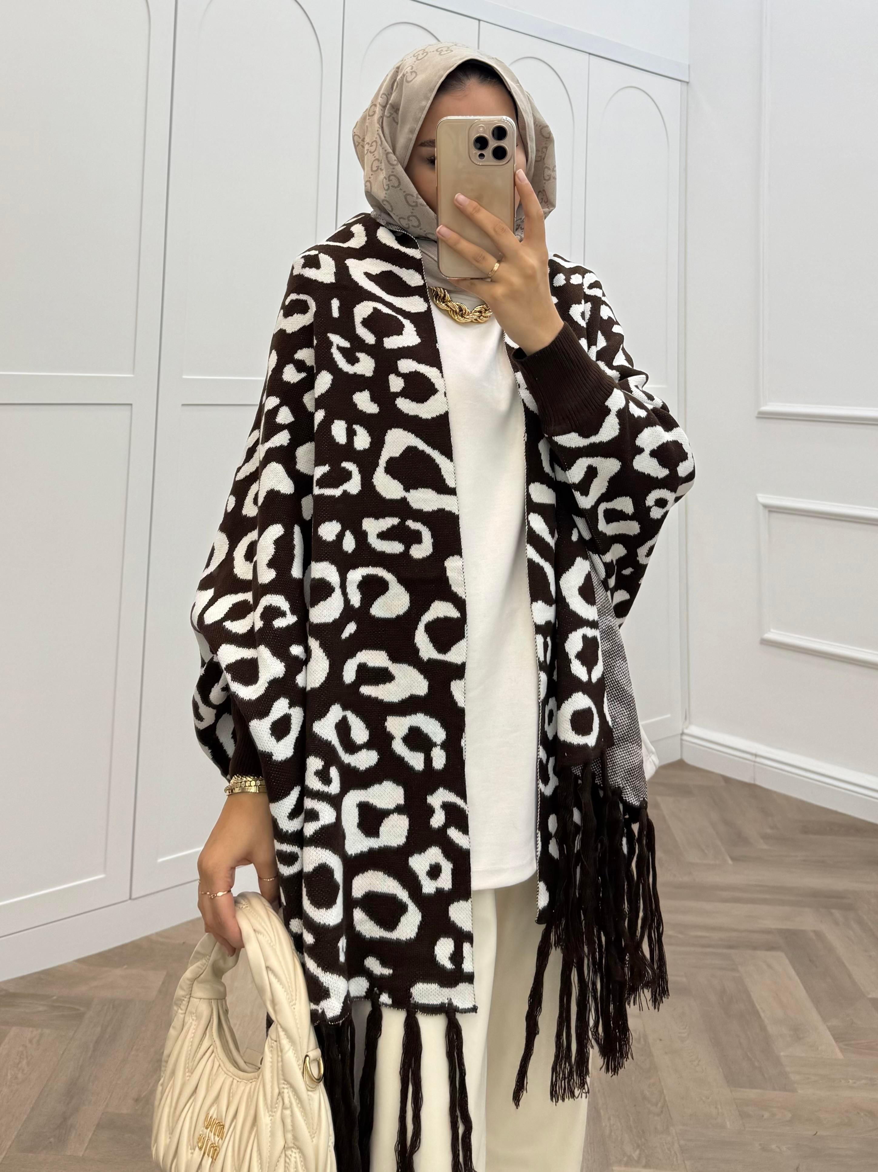 LEOPAR DESENLİ ŞAL PANÇO KAHVE