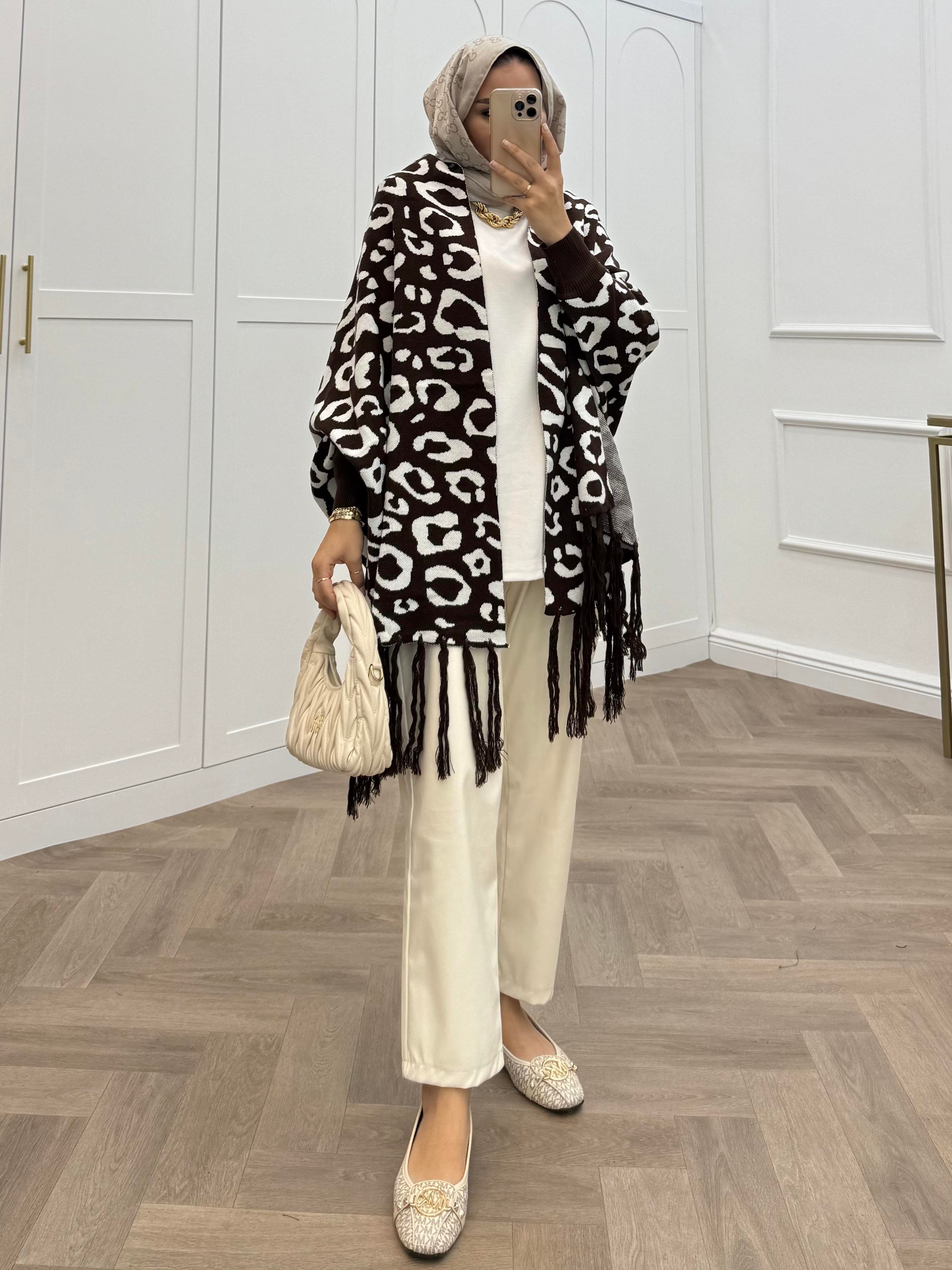 LEOPAR DESENLİ ŞAL PANÇO KAHVE