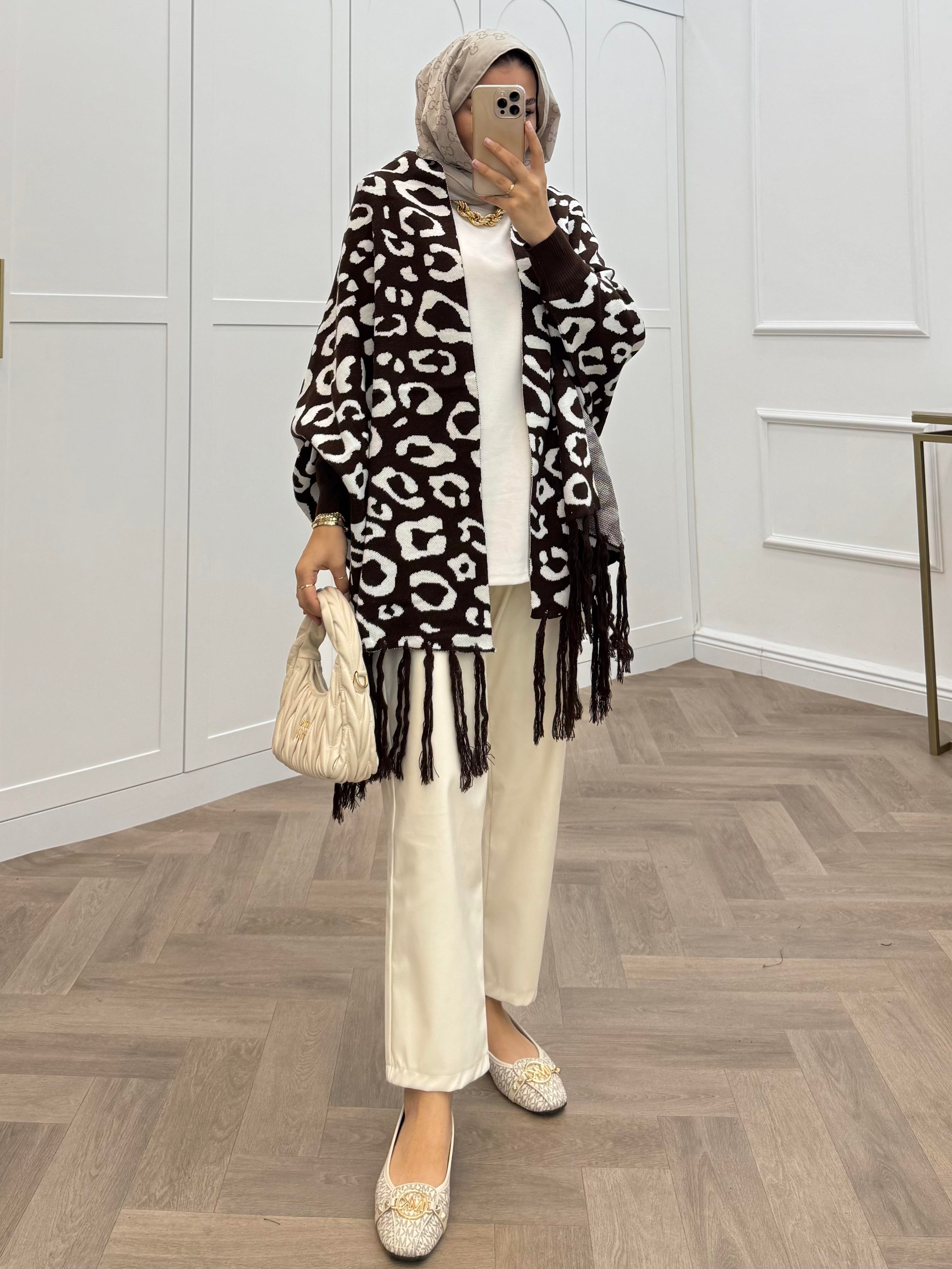 LEOPAR DESENLİ ŞAL PANÇO KAHVE