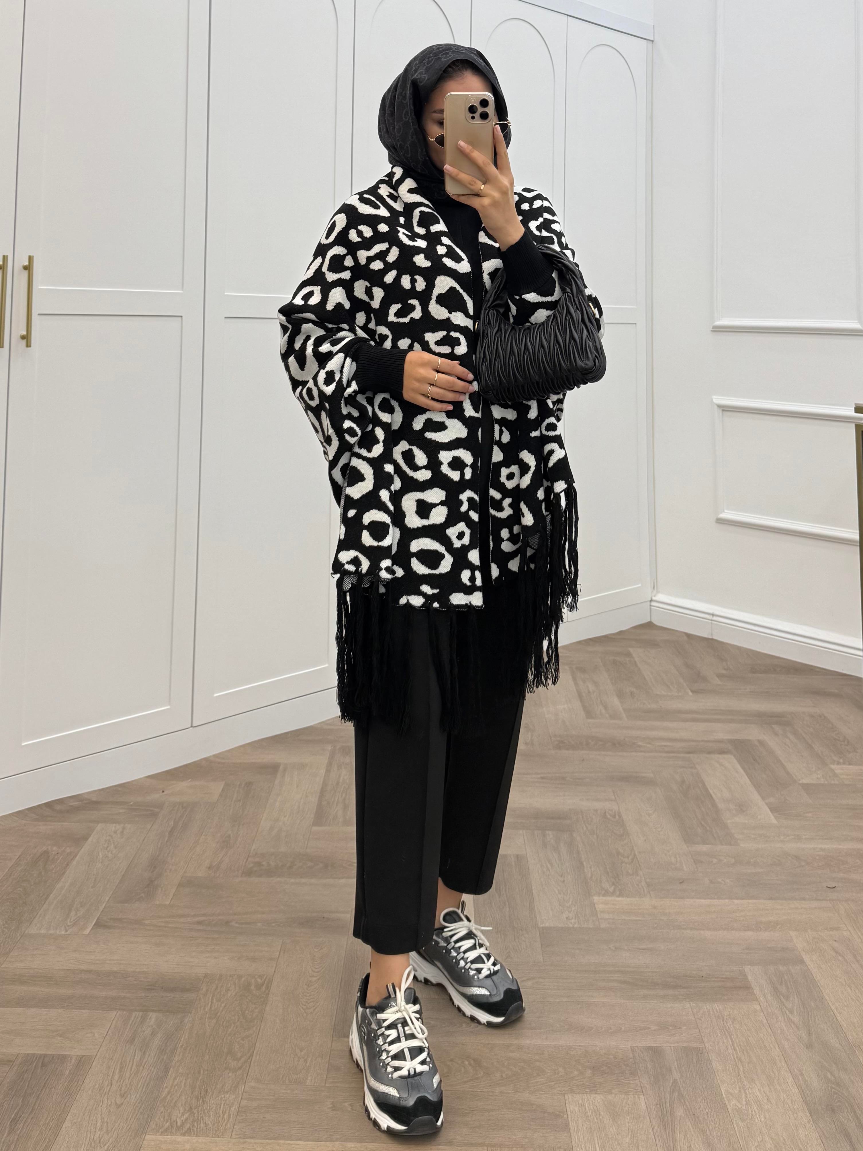 LEOPAR DESENLİ ŞAL PANÇO SİYAH