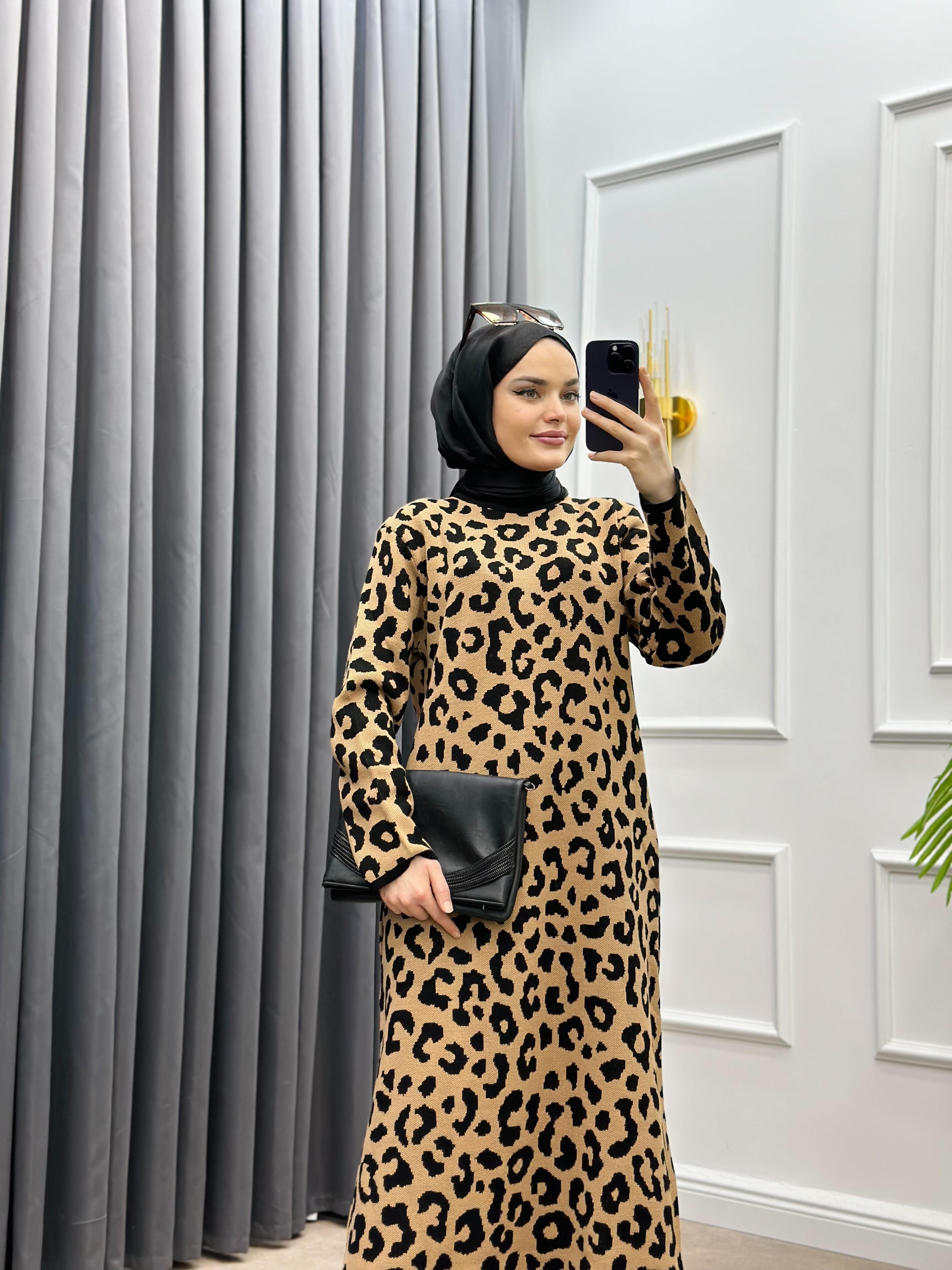 LEOPAR TRİKO ELBİSE KAHVE