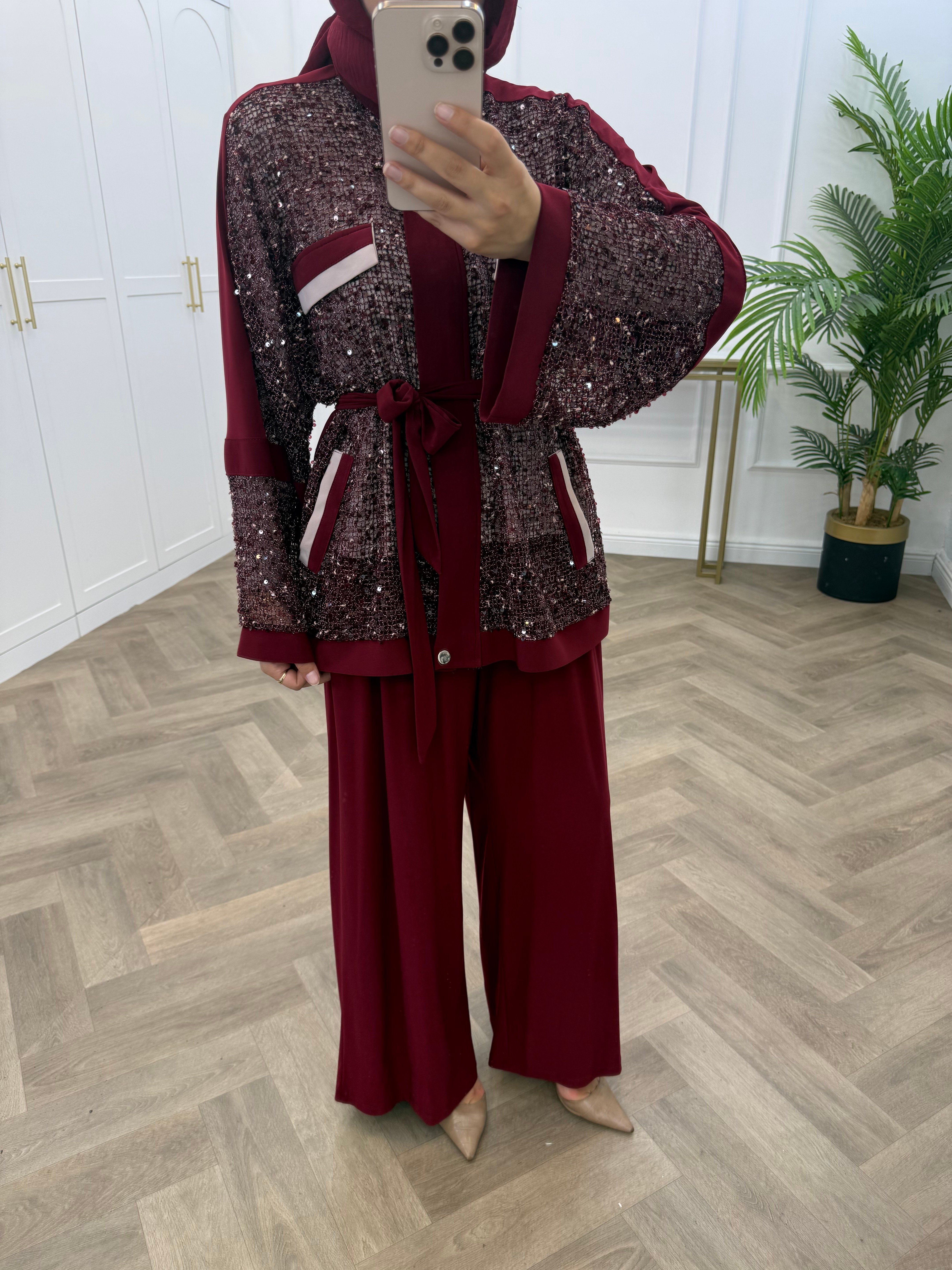 LEYLİ PAYETLİ SANDY TAKIM BORDO