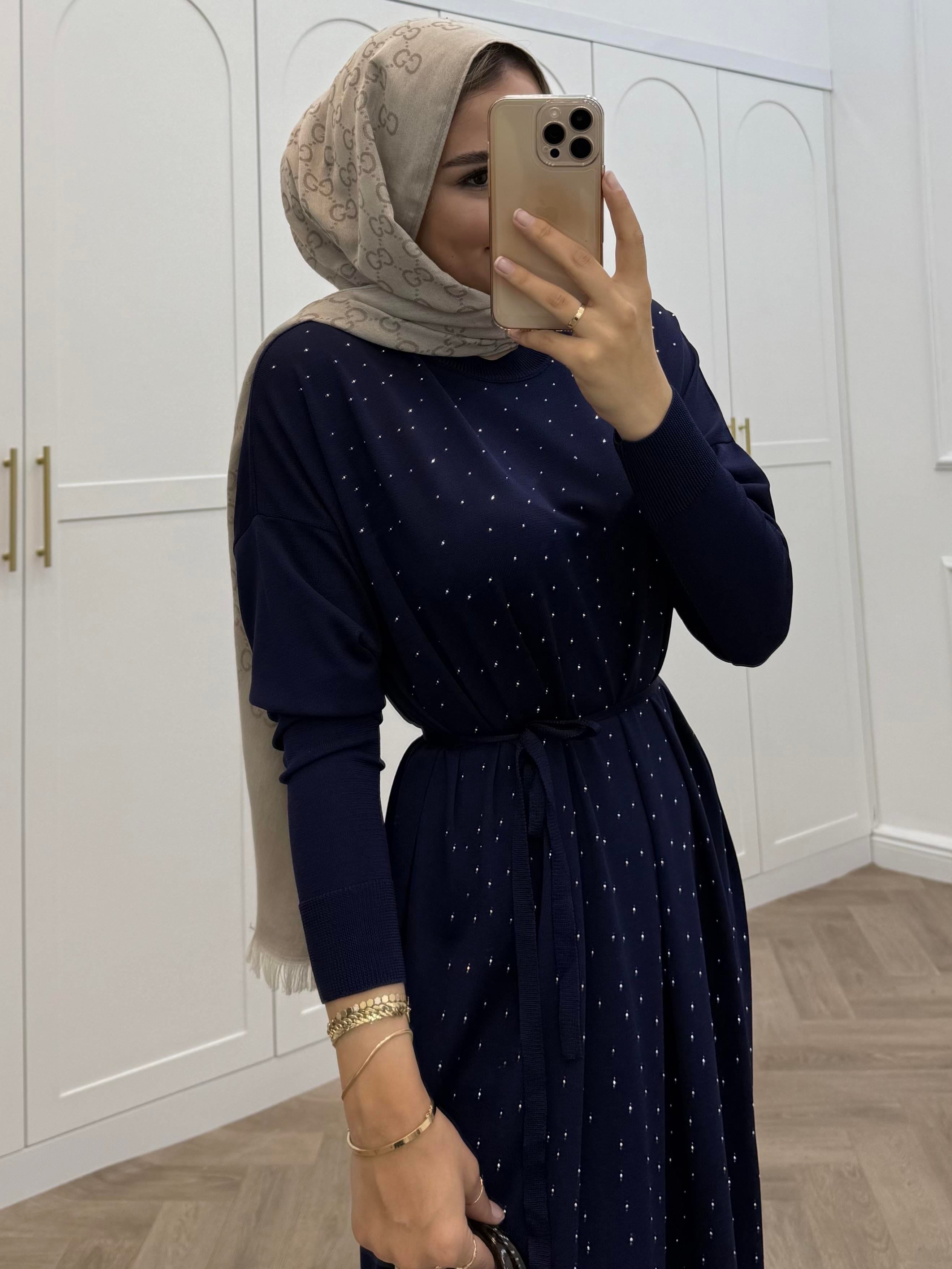 MERSERİZE TAŞLI ELBİSE LACİVERT