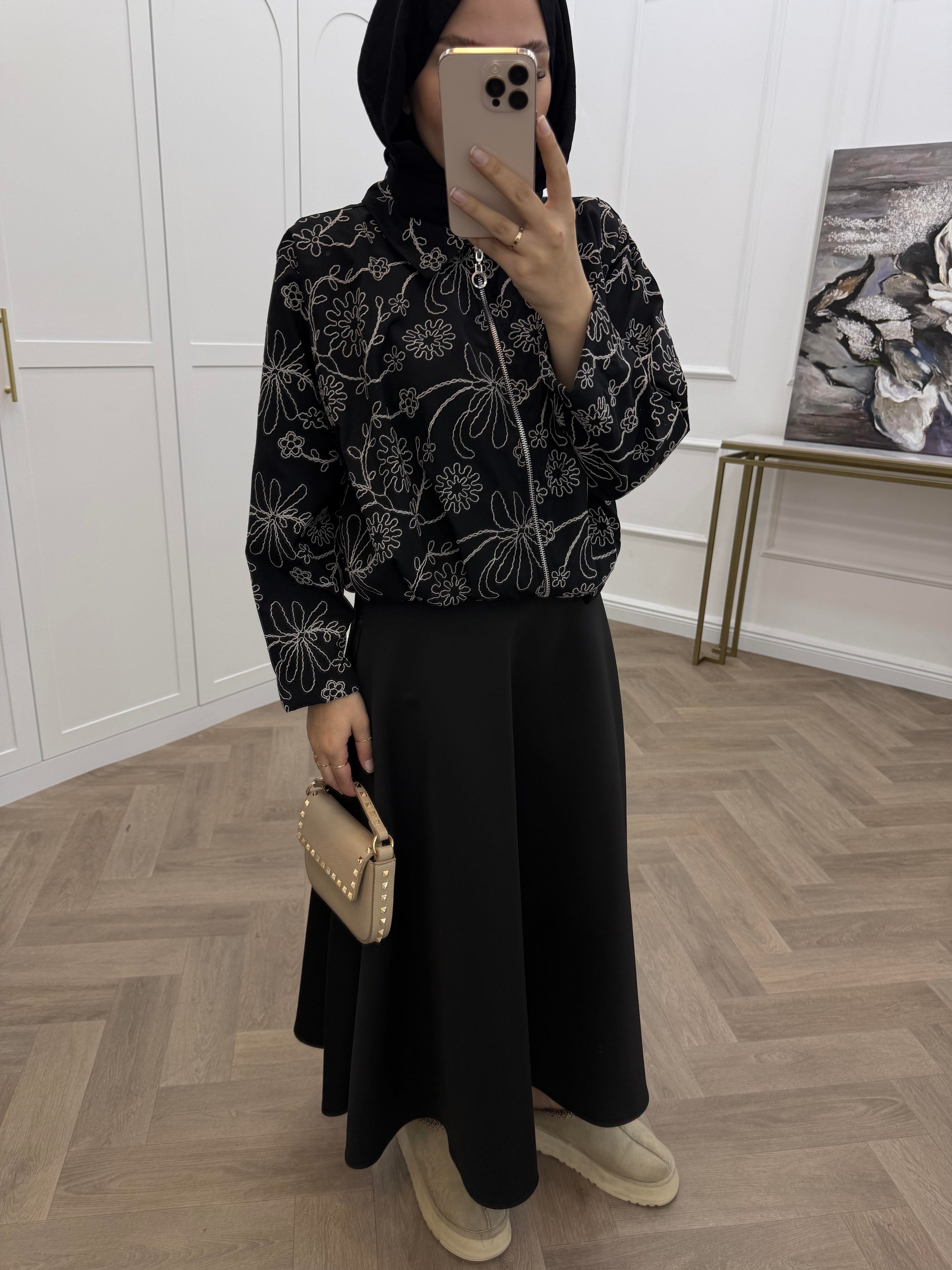 NAKIŞLI BOMBER CEKET SİYAH