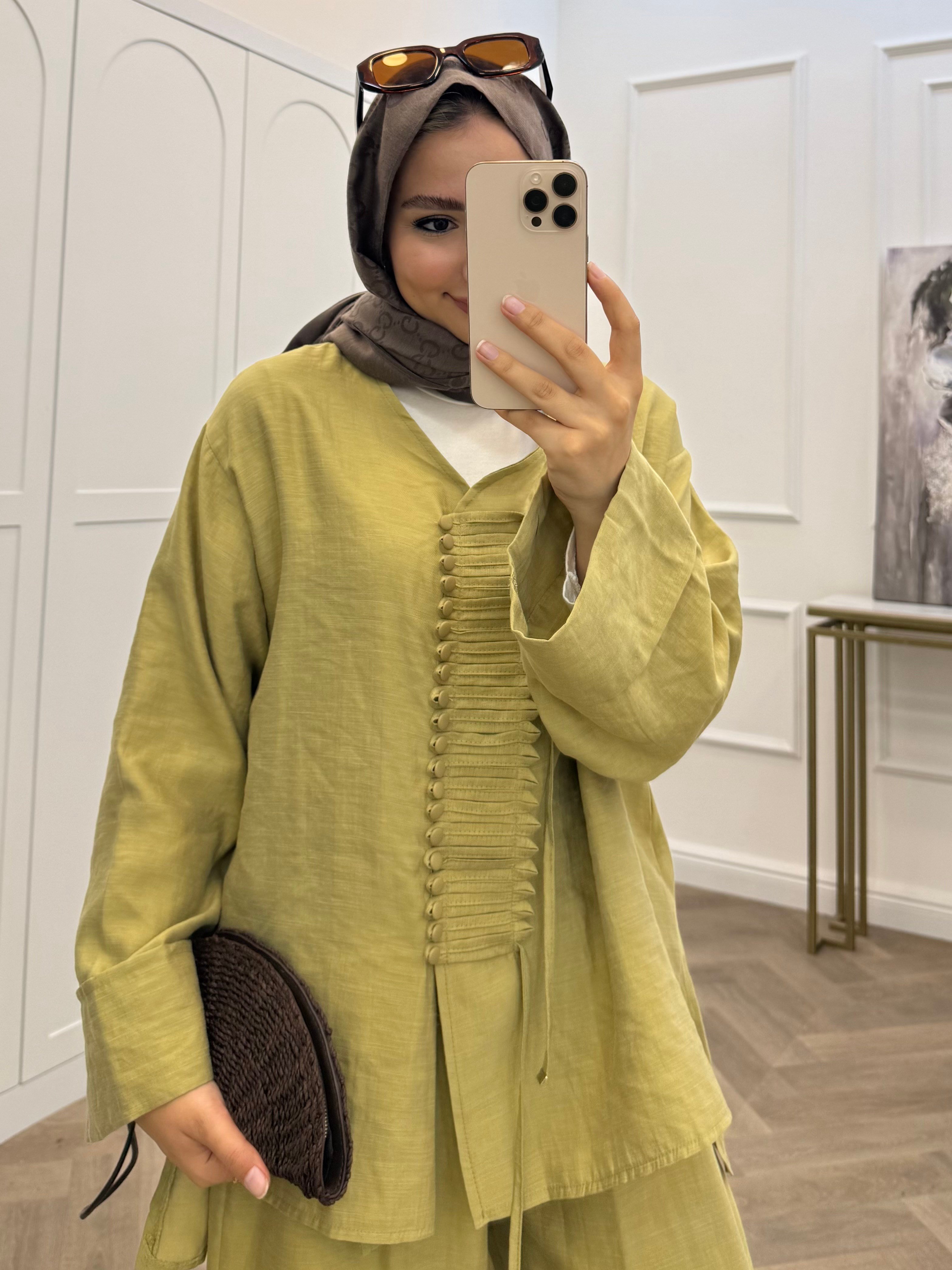 NARA KETEN PANTOLONLU TAKIM YAĞ YEŞİLİ