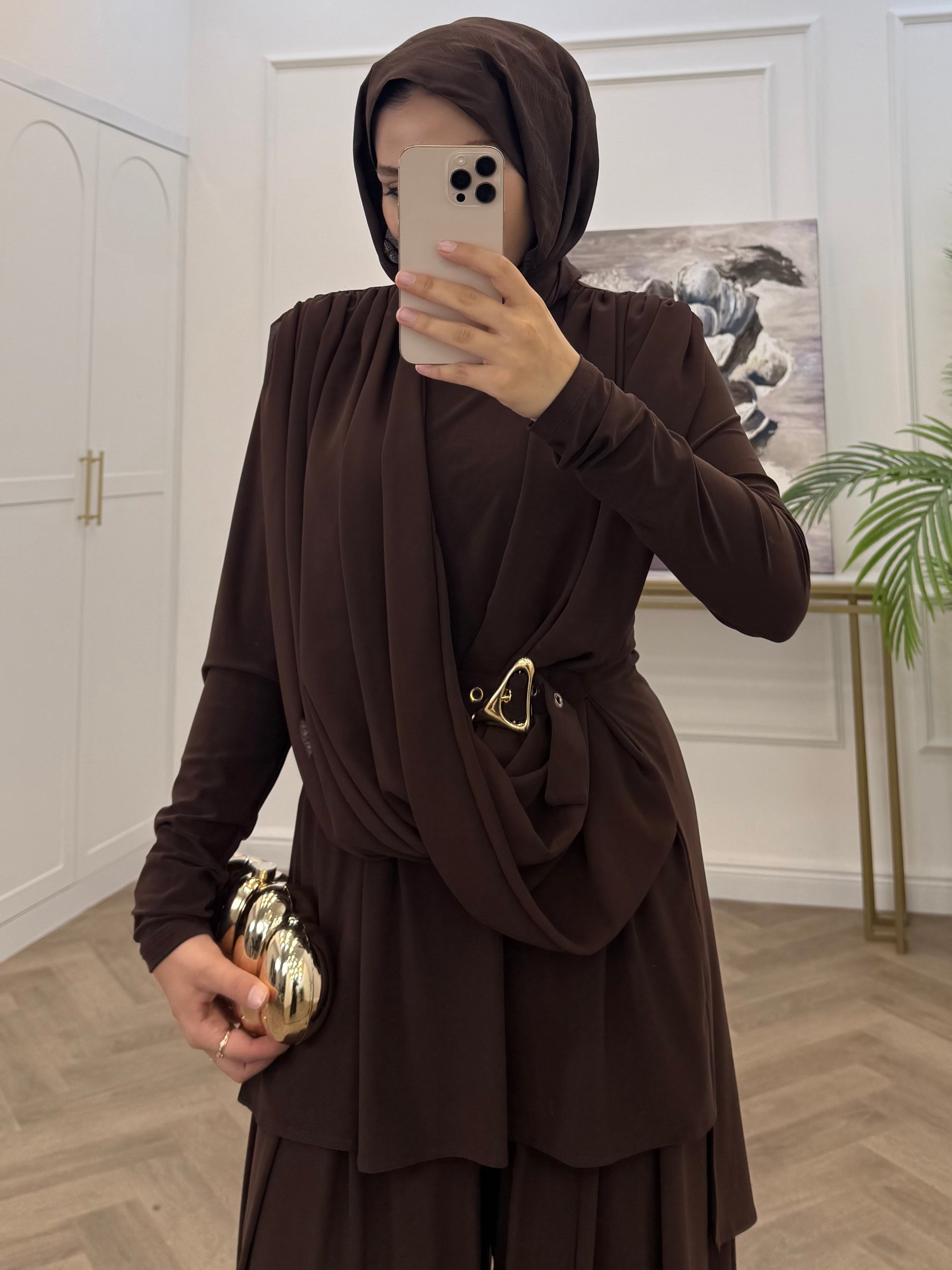 NARİ GOLD TOKALI SANDY PANTOLONLU TAKIM KAHVE