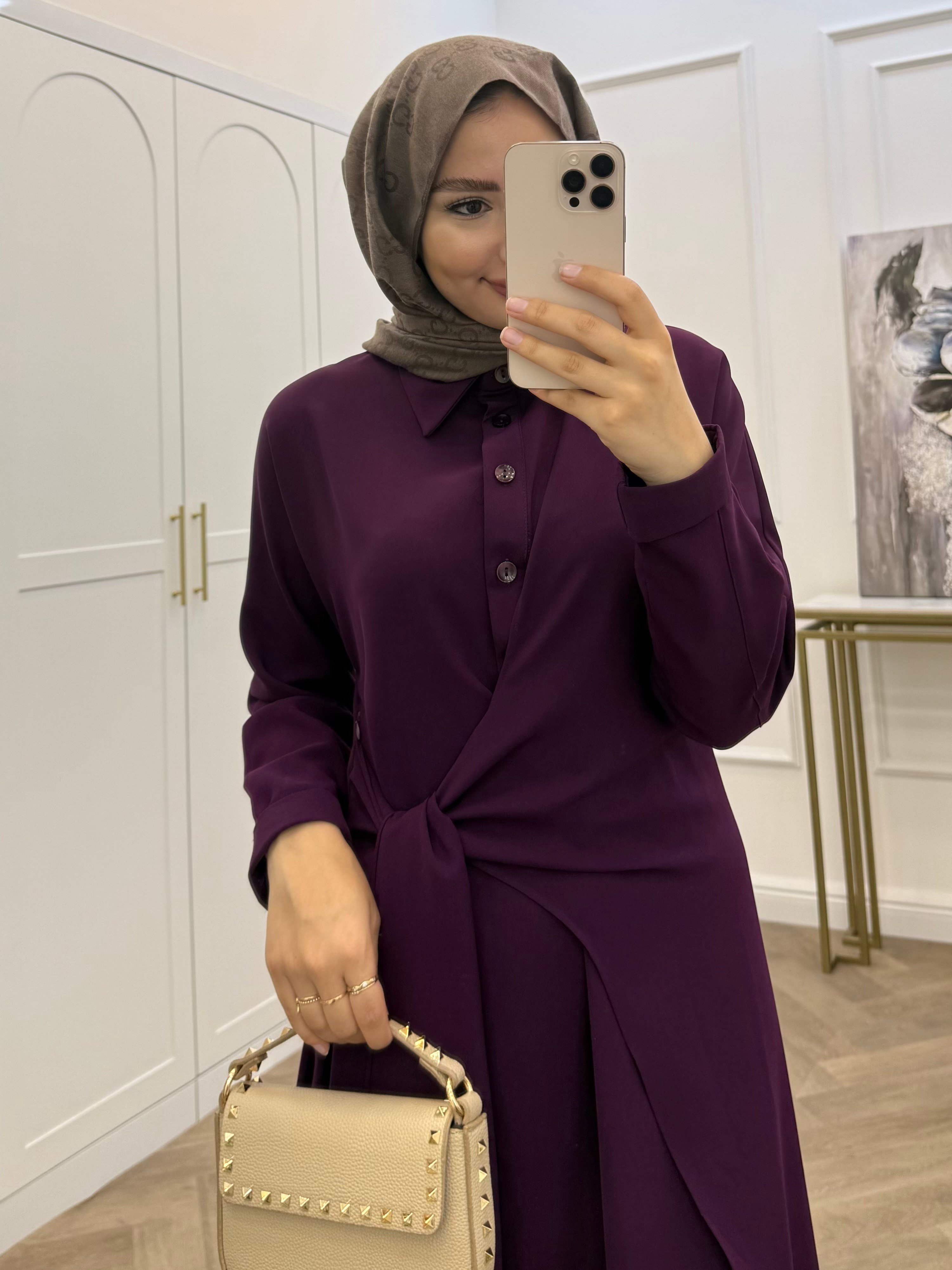 NATA KRUVAZE BAĞLAMALI KREP ELBİSE MOR