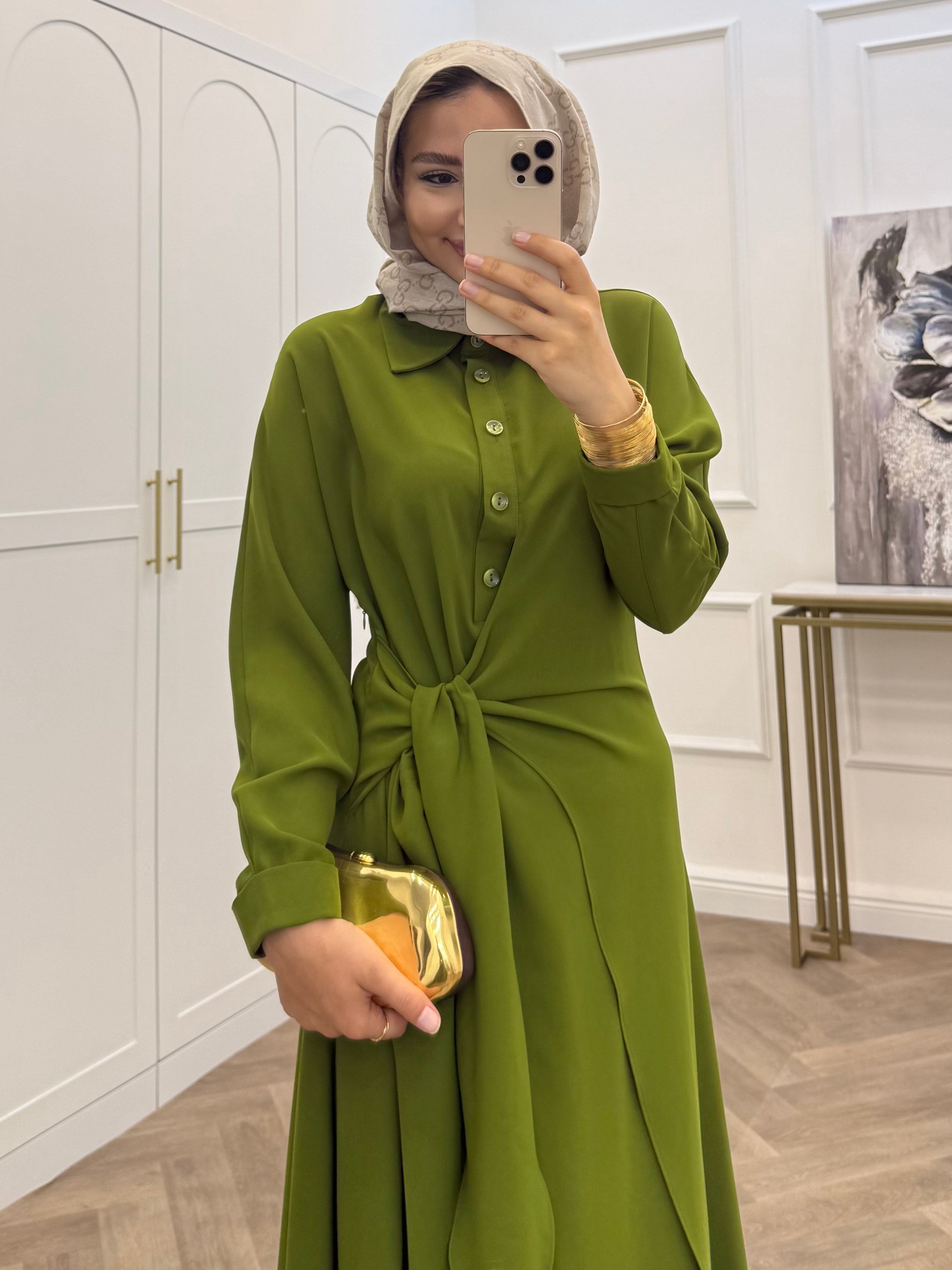 NATA KRUVAZE BAĞLAMALI KREP ELBİSE YAĞ YEŞİLİ