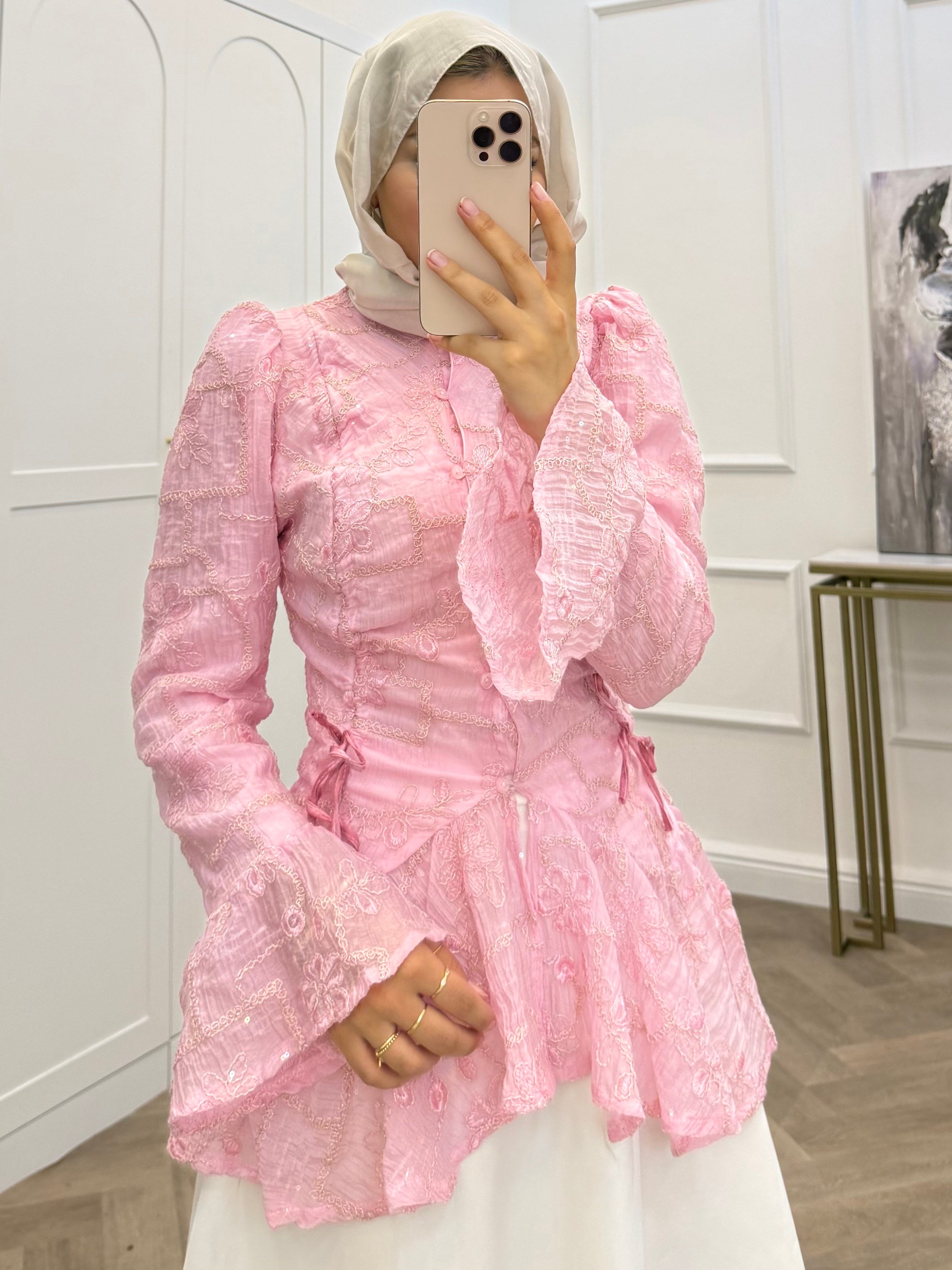 NOOUR PAYETLİ BLUZ PEMBE