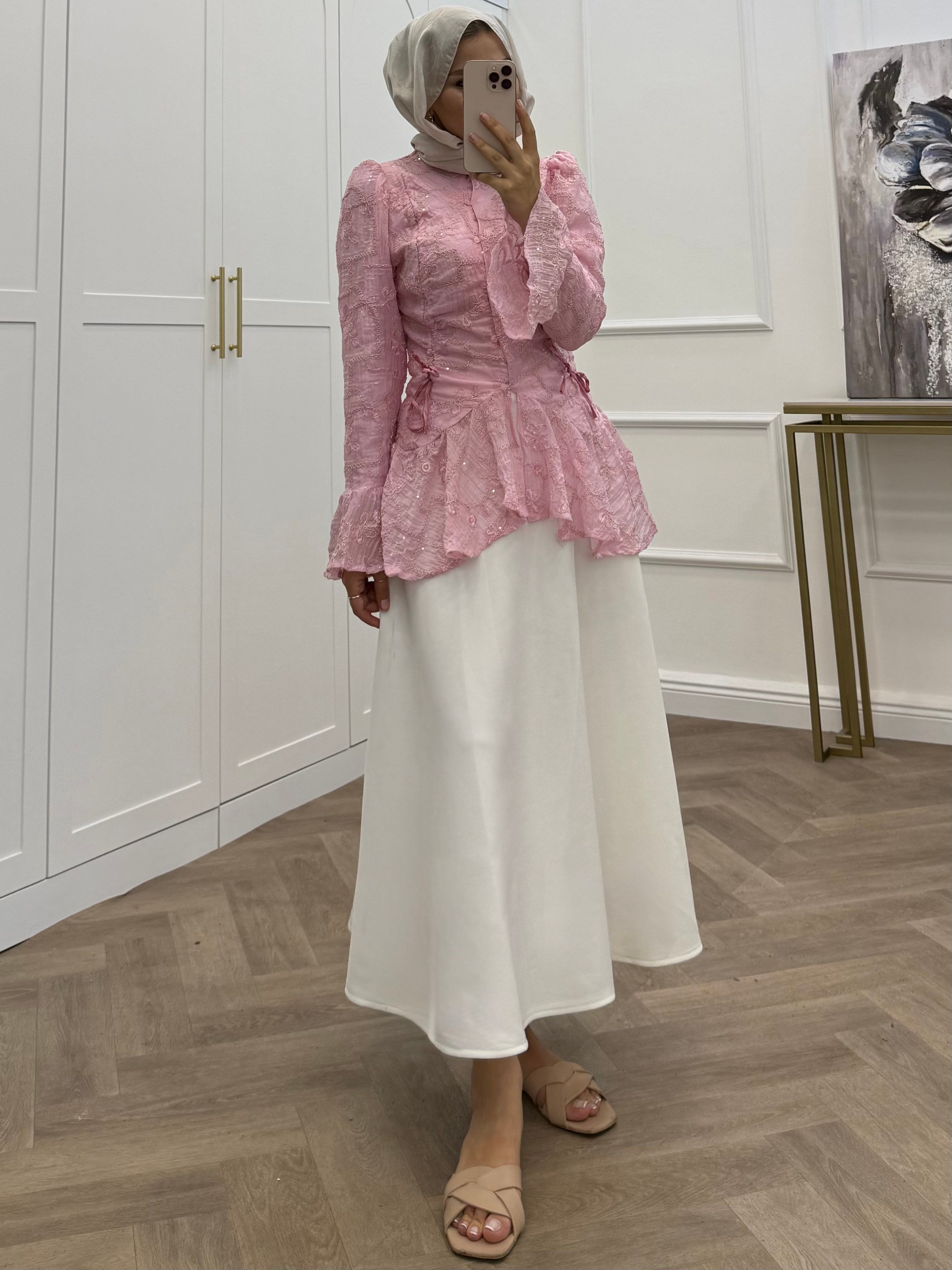NOOUR PAYETLİ BLUZ PEMBE