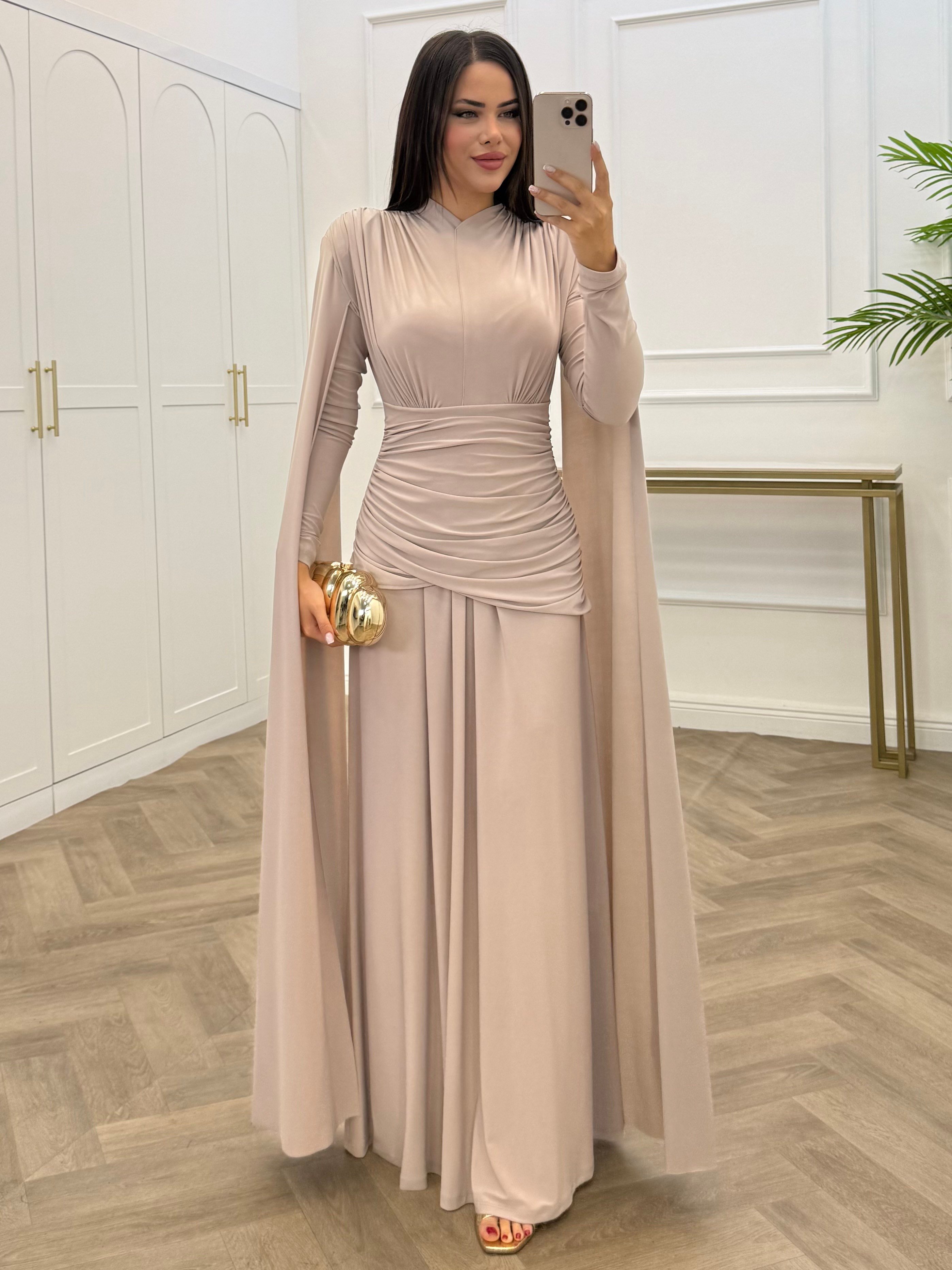 NURELLA PELERİNLİ SANDY ELBİSE BEJ