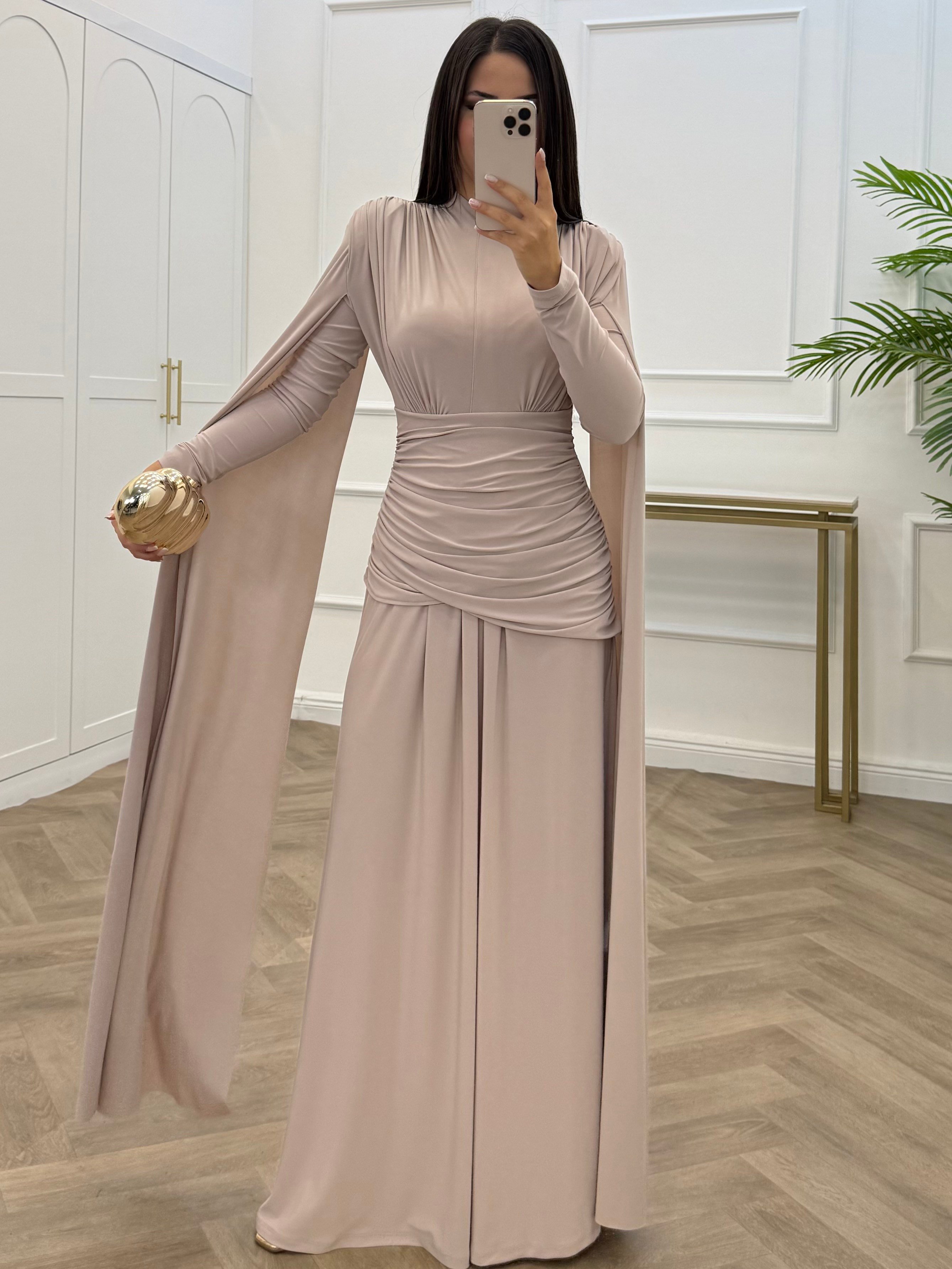 NURELLA PELERİNLİ SANDY ELBİSE BEJ
