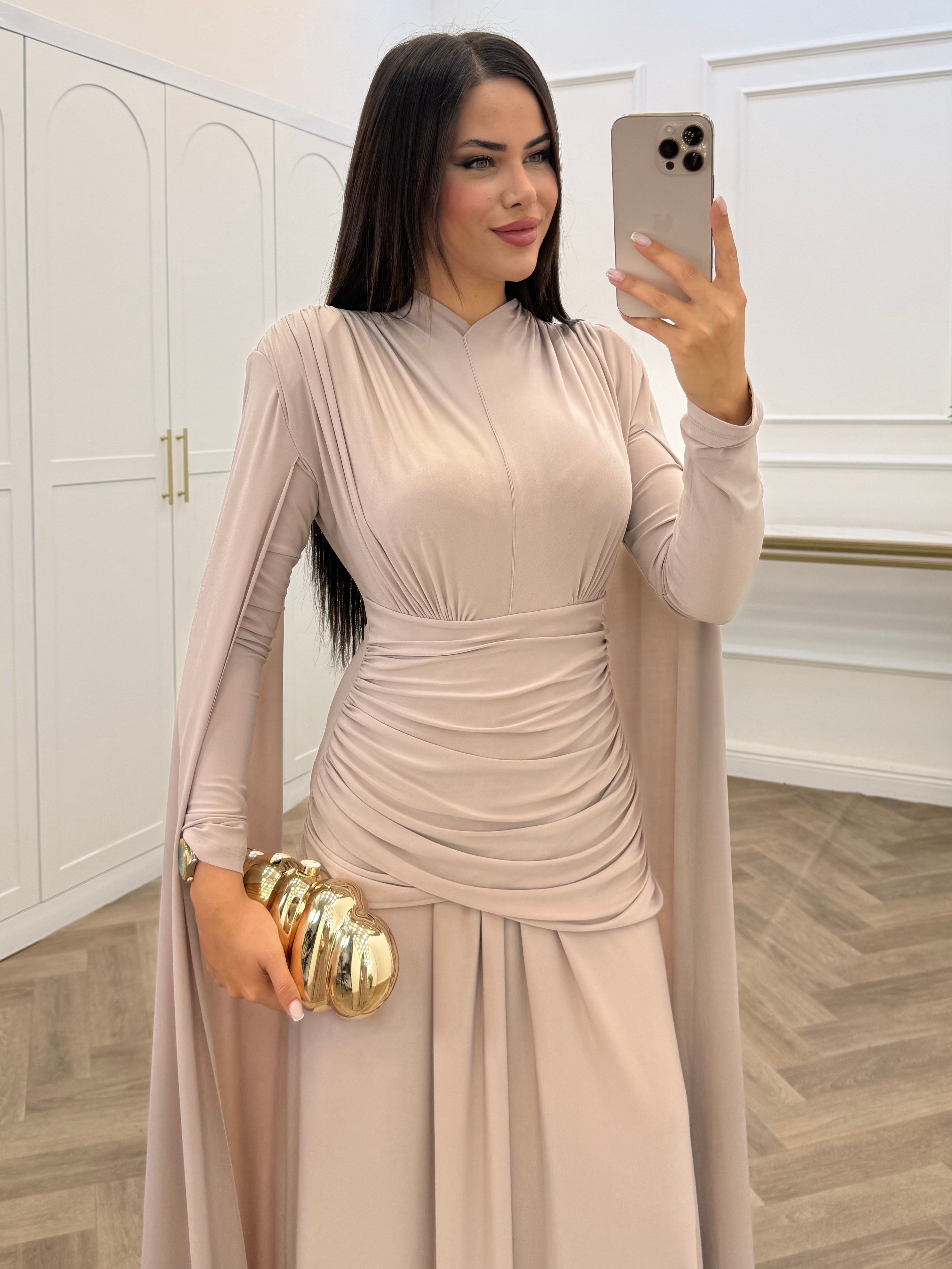 NURELLA PELERİNLİ SANDY ELBİSE BEJ