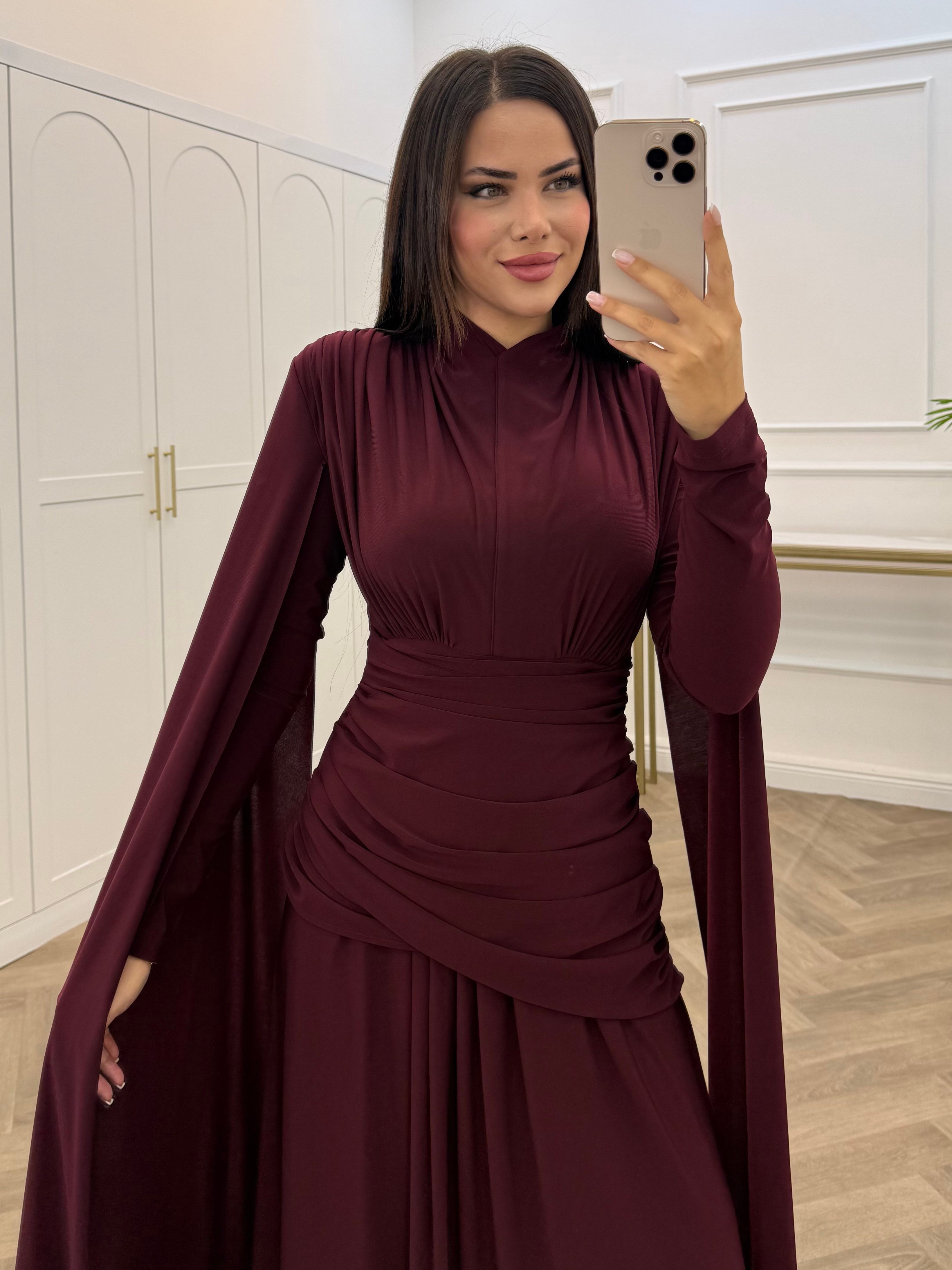 NURELLA PELERİNLİ SANDY ELBİSE BORDO